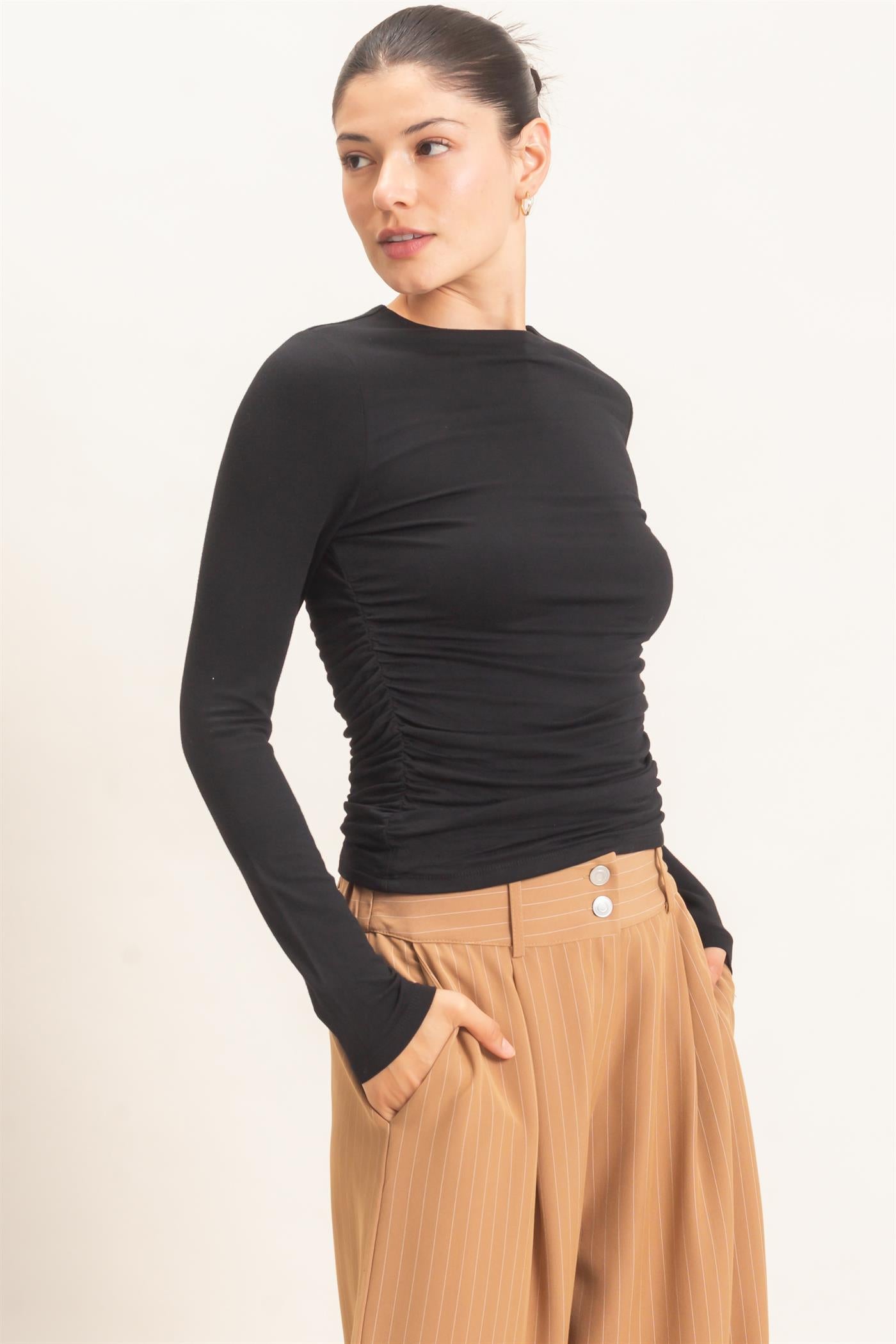 Wholesale Ruched Long Sleeve Top Clothing Tops HF26E776 BLACK HYFVE