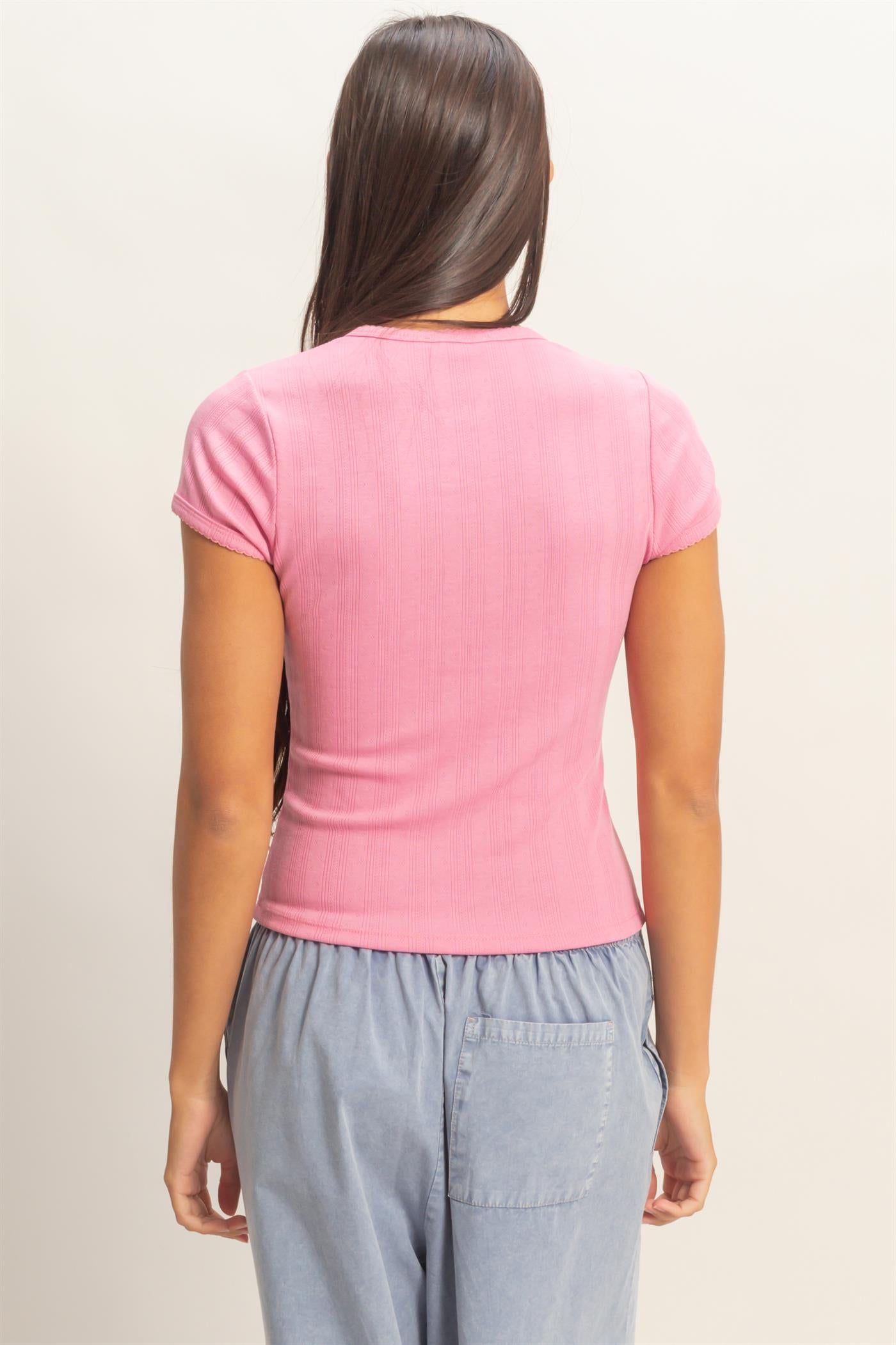 Wholesale Pointelle Short Sleeve Top Clothing Tops DZ26C285 PINK DOUBLE ZERO