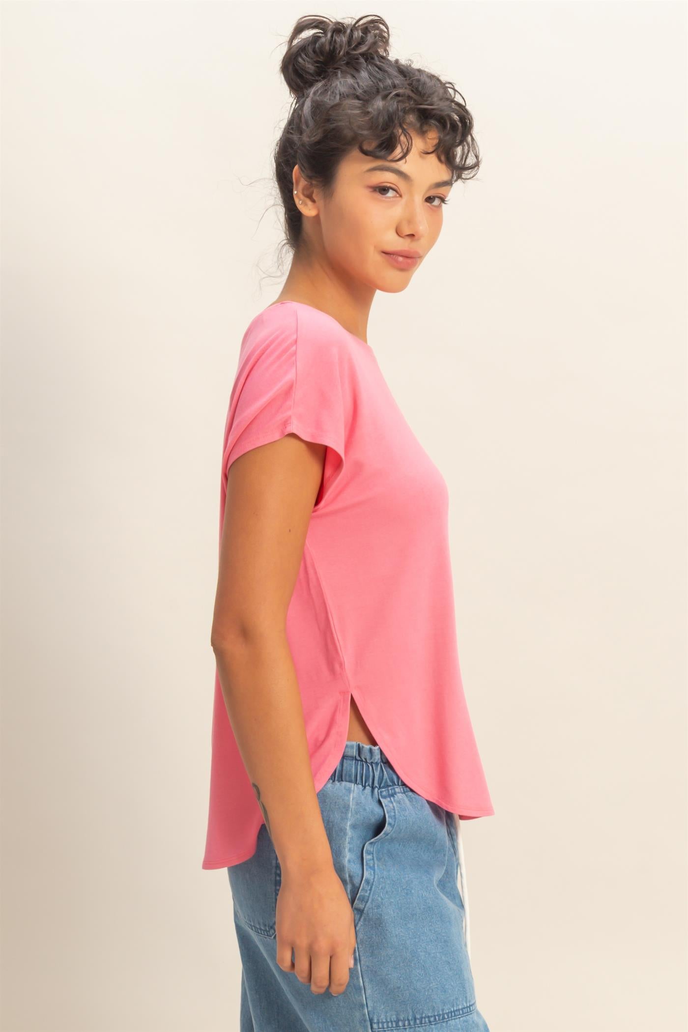 Wholesale Relaxed Dolman Short Sleeve  Round Neck Top Shirts DZ26A270 TAFFY PINK DOUBLE ZERO