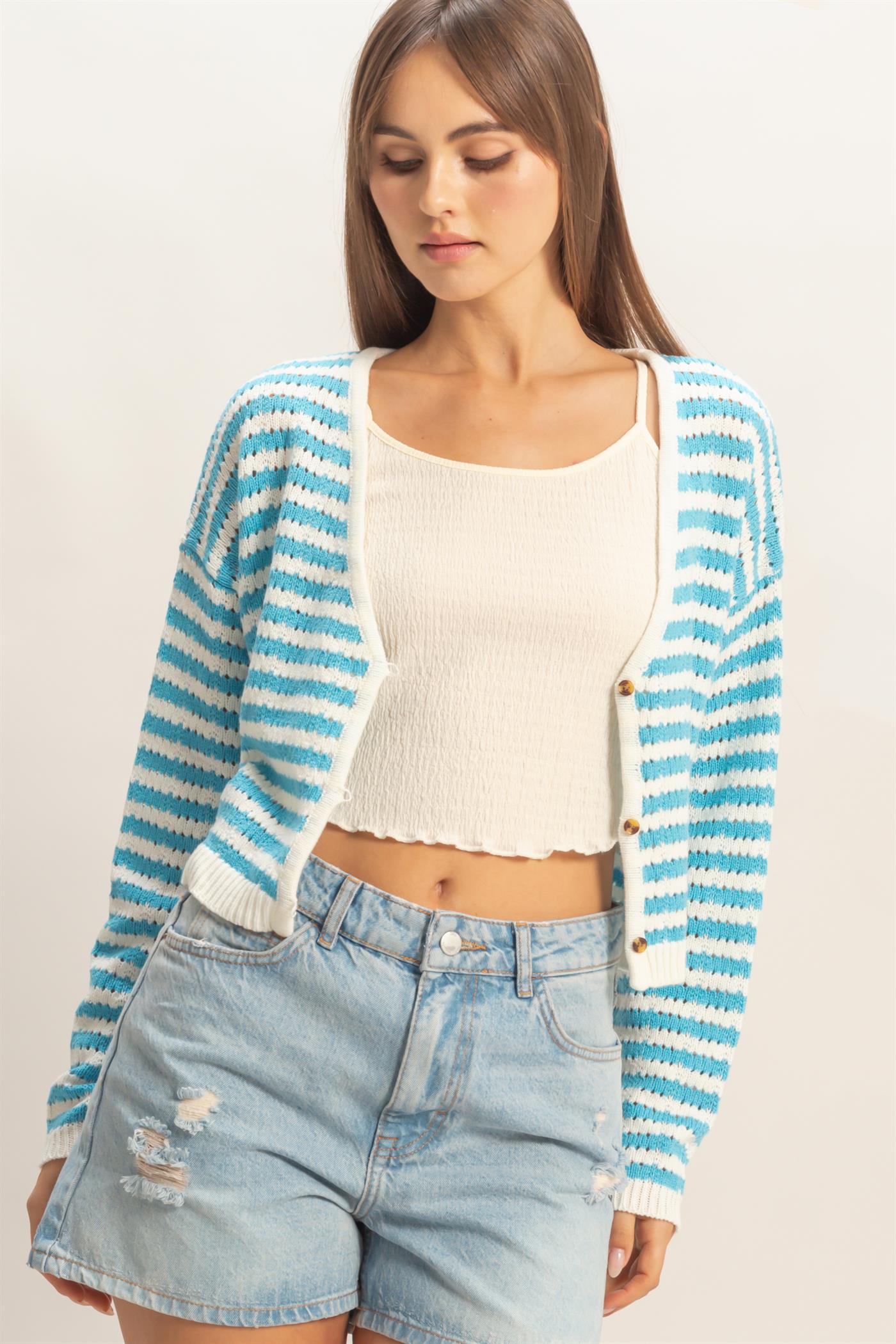 Wholesale Striped V-Neck Cardigan Cardigans HF26A174 BLUE HYFVE