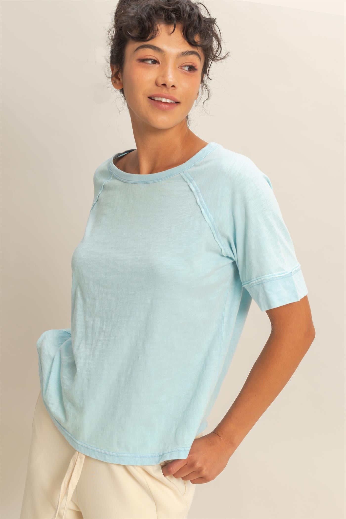 Wholesale Acid Wash Raw Seam Raglan Short Sleeve Tee Clothing Tops DZ26A655 BLUE HYFVE