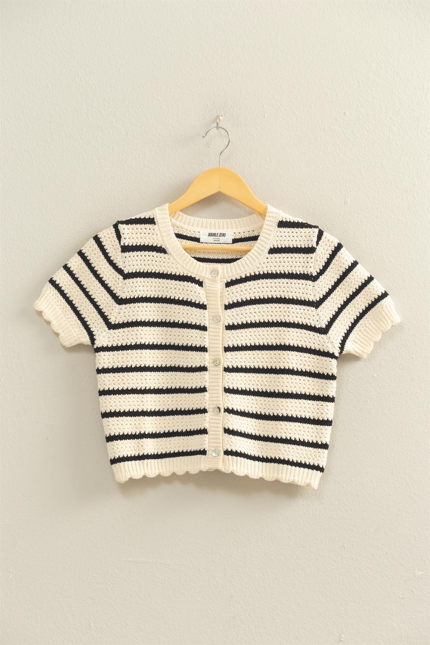 Wholesale Striped Short Sleeve Cardigan With Scallop Edge Cardigans DZ26A605 BLACK DOUBLE ZERO
