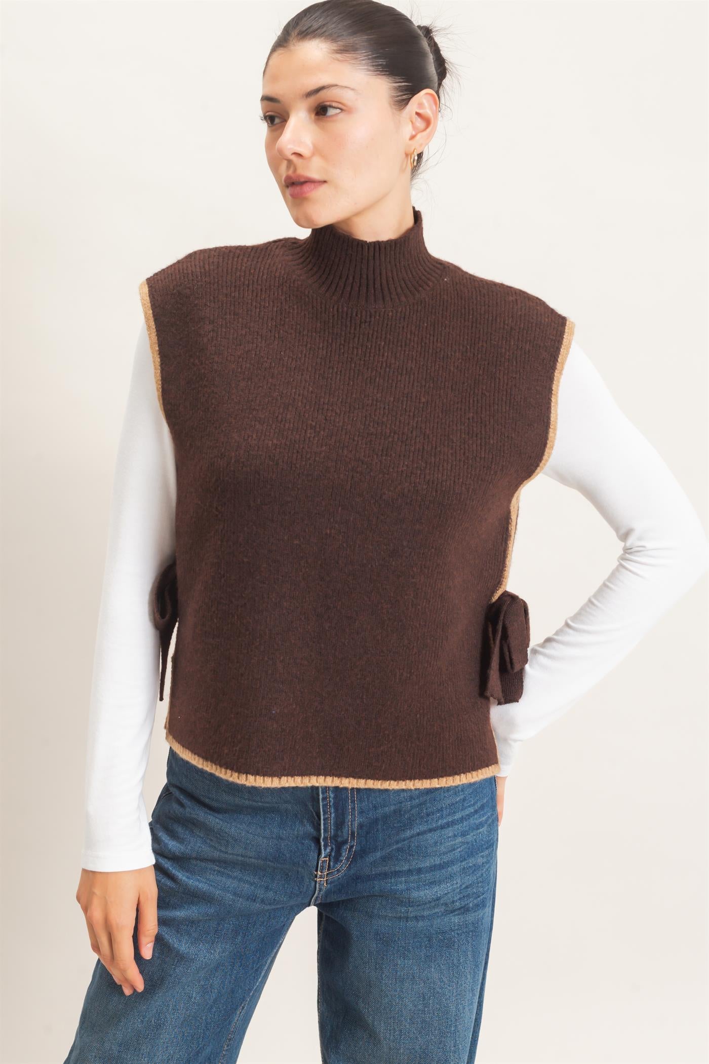 Wholesale High Neck Sweater Vest Sweaters HF26F137 BROWN HYFVE