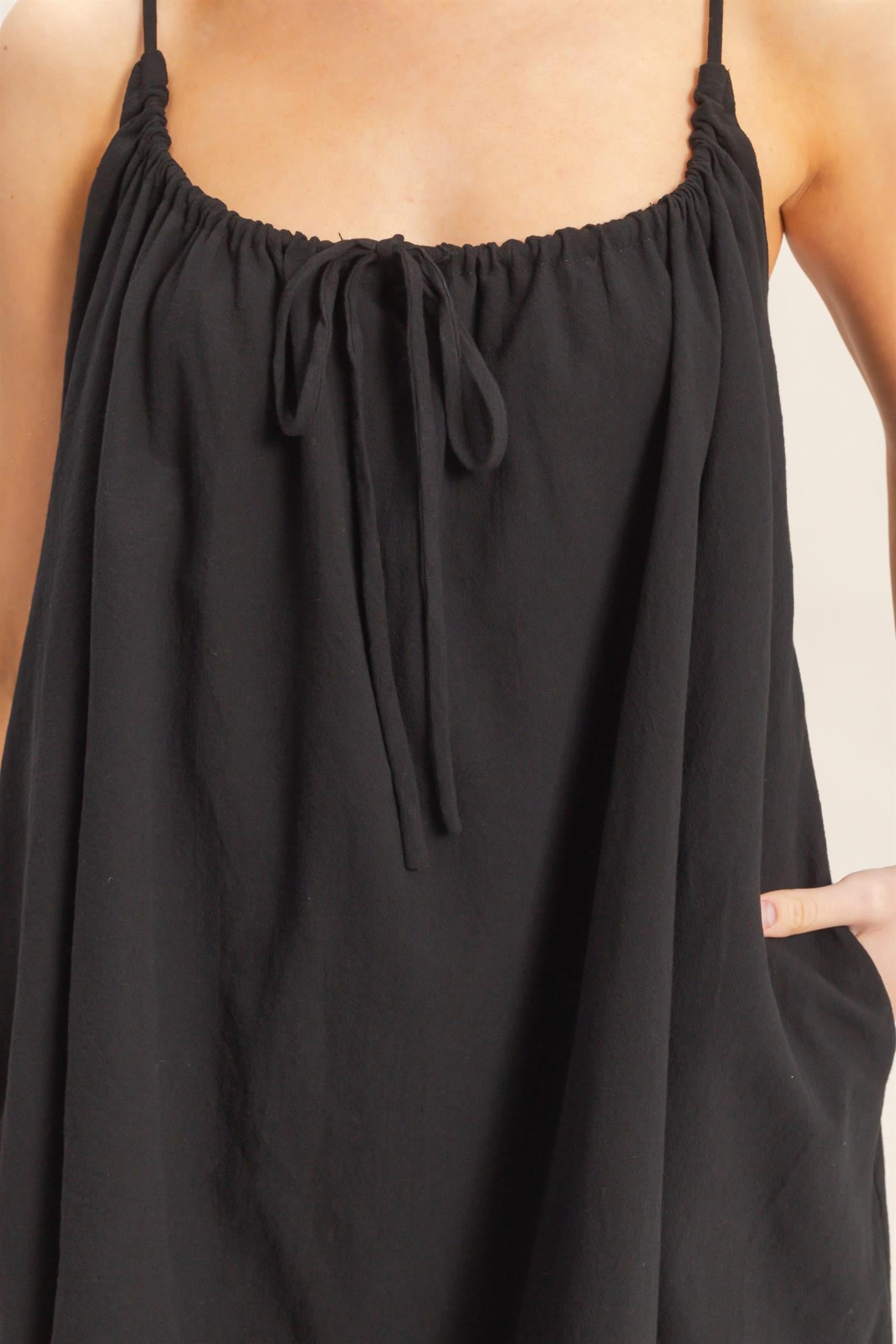 Wholesale Gathered Tie Strap Dress Dresses HF26A237 BLACK HYFVE