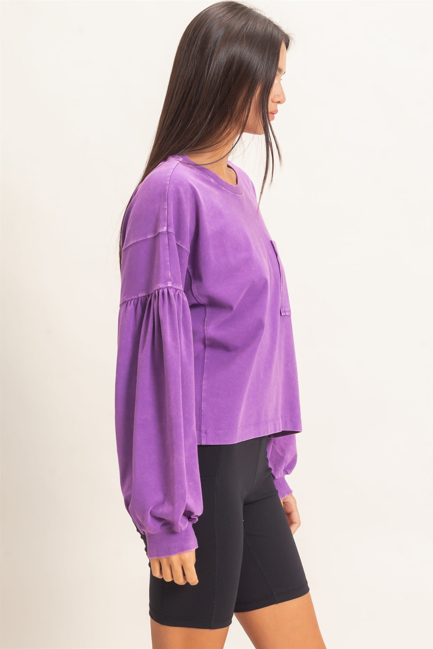Wholesale Mineral Wash Puff Long Sleeve Boxy Top Clothing Tops DZ26F402 PLUM DOUBLE ZERO