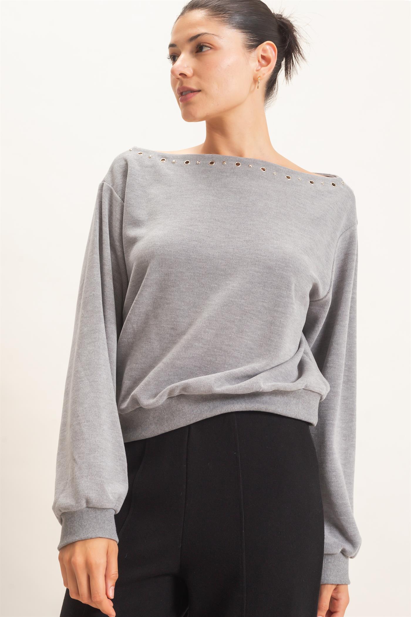 Wholesale Studded Crew Neck Sweatshirt Sweatshirts HF26E545 HEATHER GRAY HYFVE
