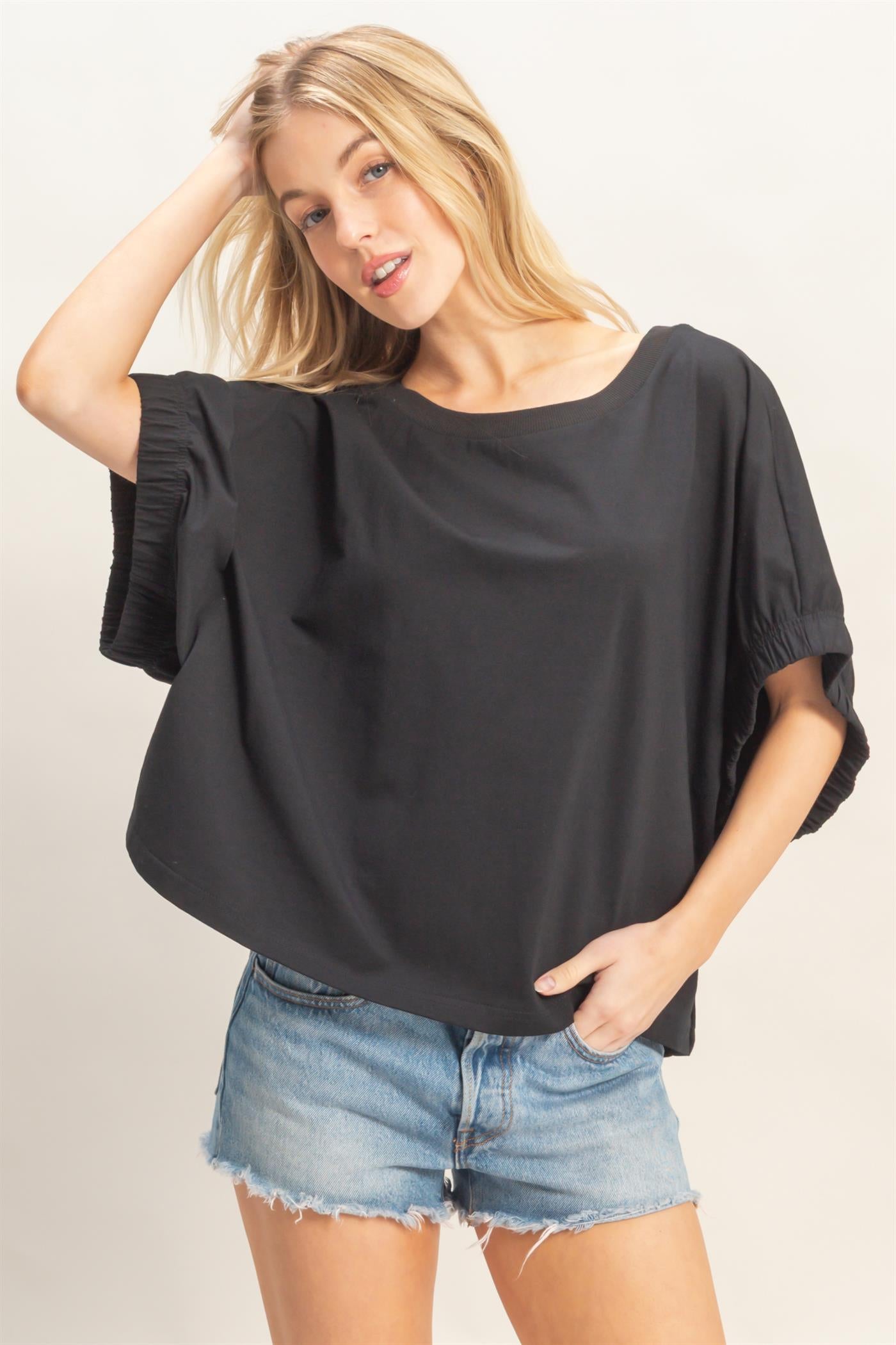 Wholesale Oversized Elastic Cuff Top T-Shirts HF26C082 BLACK HYFVE