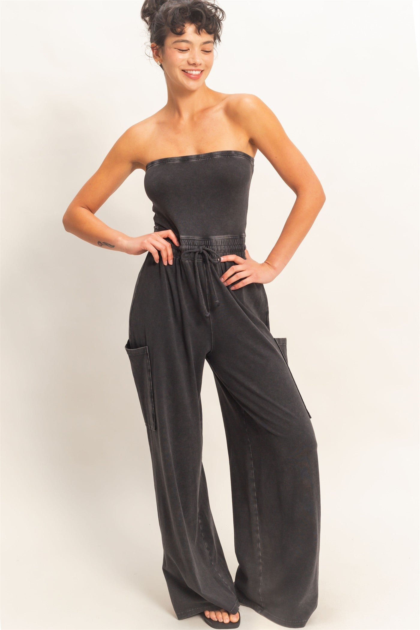 Wholesale Mineral Wash Strapless Wide-Leg Jumpsuit Clothing DZ26C376 BLACK DOUBLE ZERO