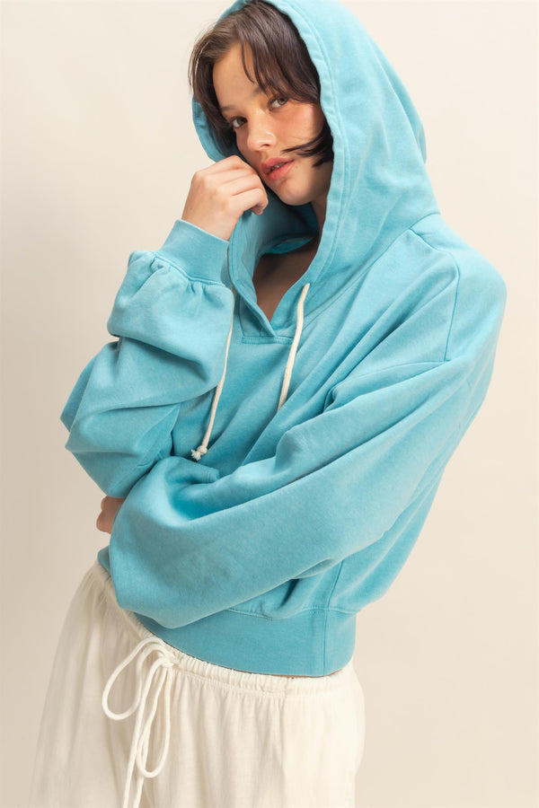 V-Neck Drawstring Detail Long Sleeve Crop Hoodie