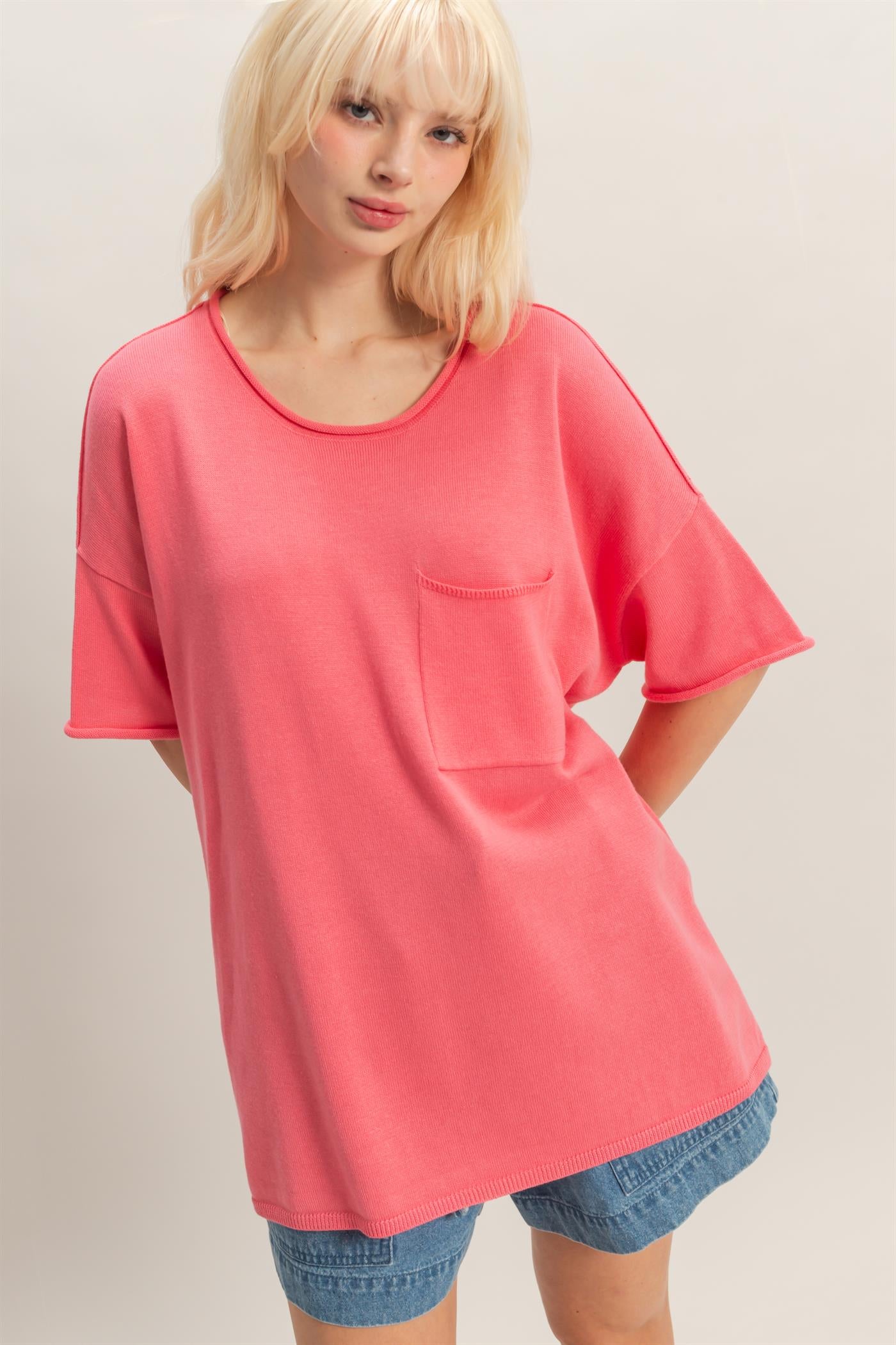 Wholesale Oversized Short Sleeve Round Neck Pocket Knit Top Clothing Tops DZ26A691 TAFFY PINK DOUBLE ZERO