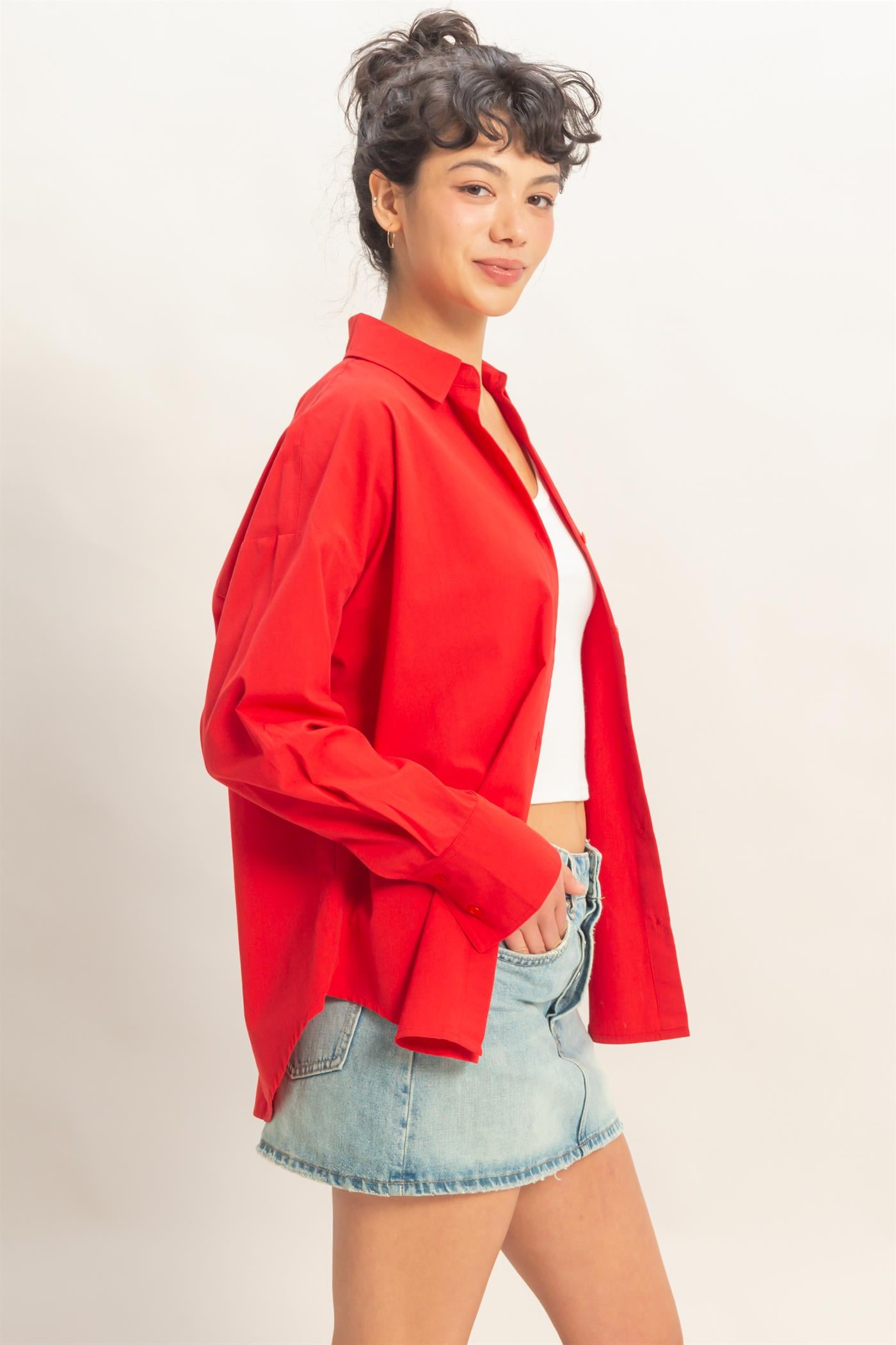 Wholesale Button Up Poplin Shirt Clothing Tops DZ26A330 RED HYFVE