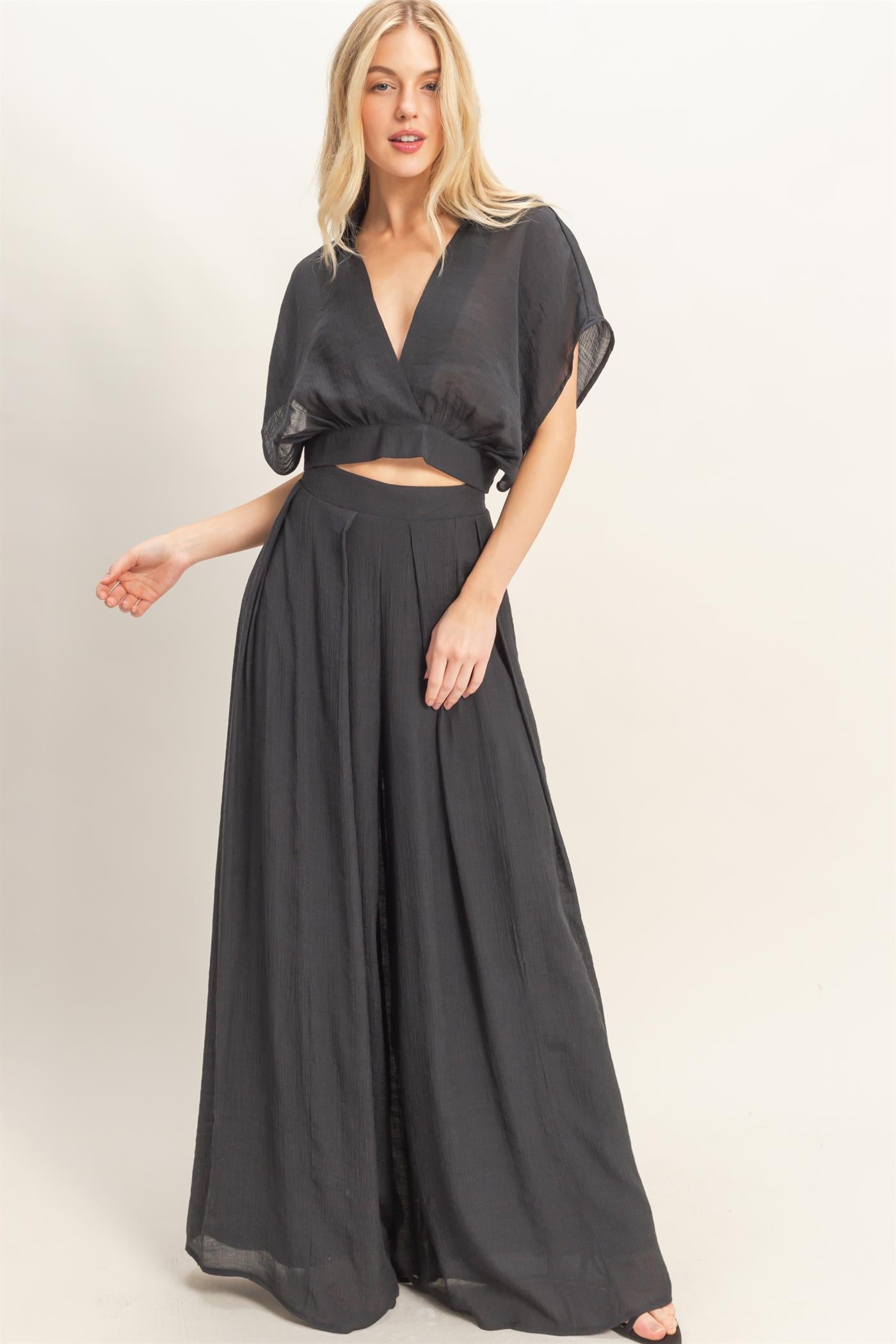 Wholesale Collared Wrap Top & Wide-Leg Pants Set Clothing HF26C286-SET-D BLACK HYFVE