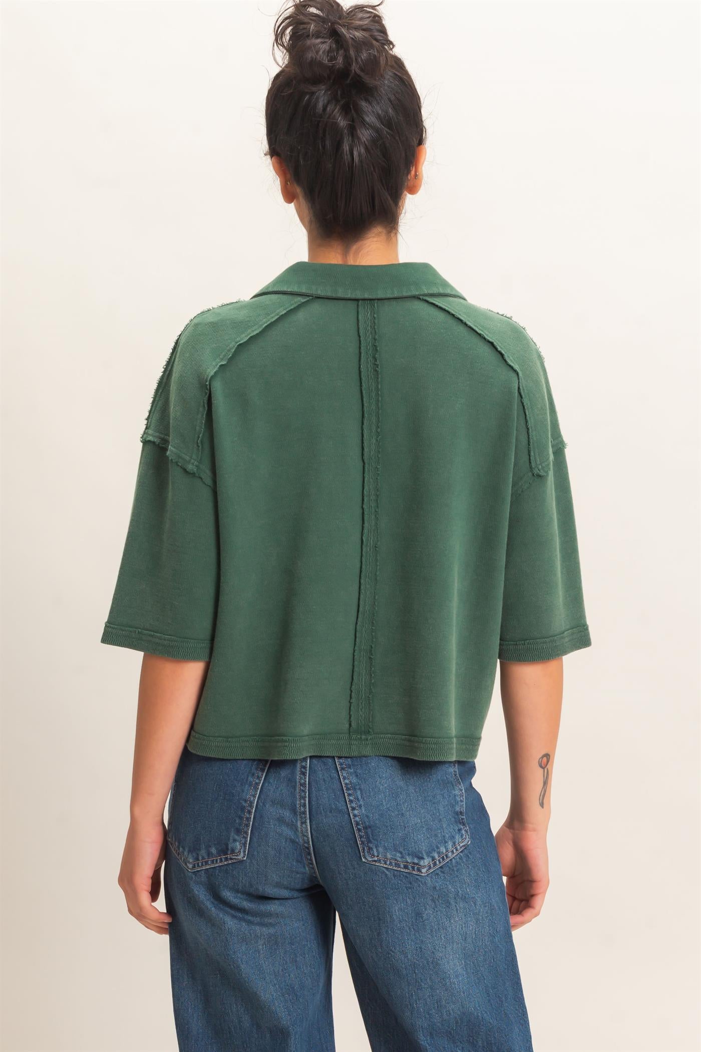 Wholesale Mineral Wash Oversized Collar Short Sleeve Top Clothing Tops DZ26E813 DARK GREEN DOUBLE ZERO