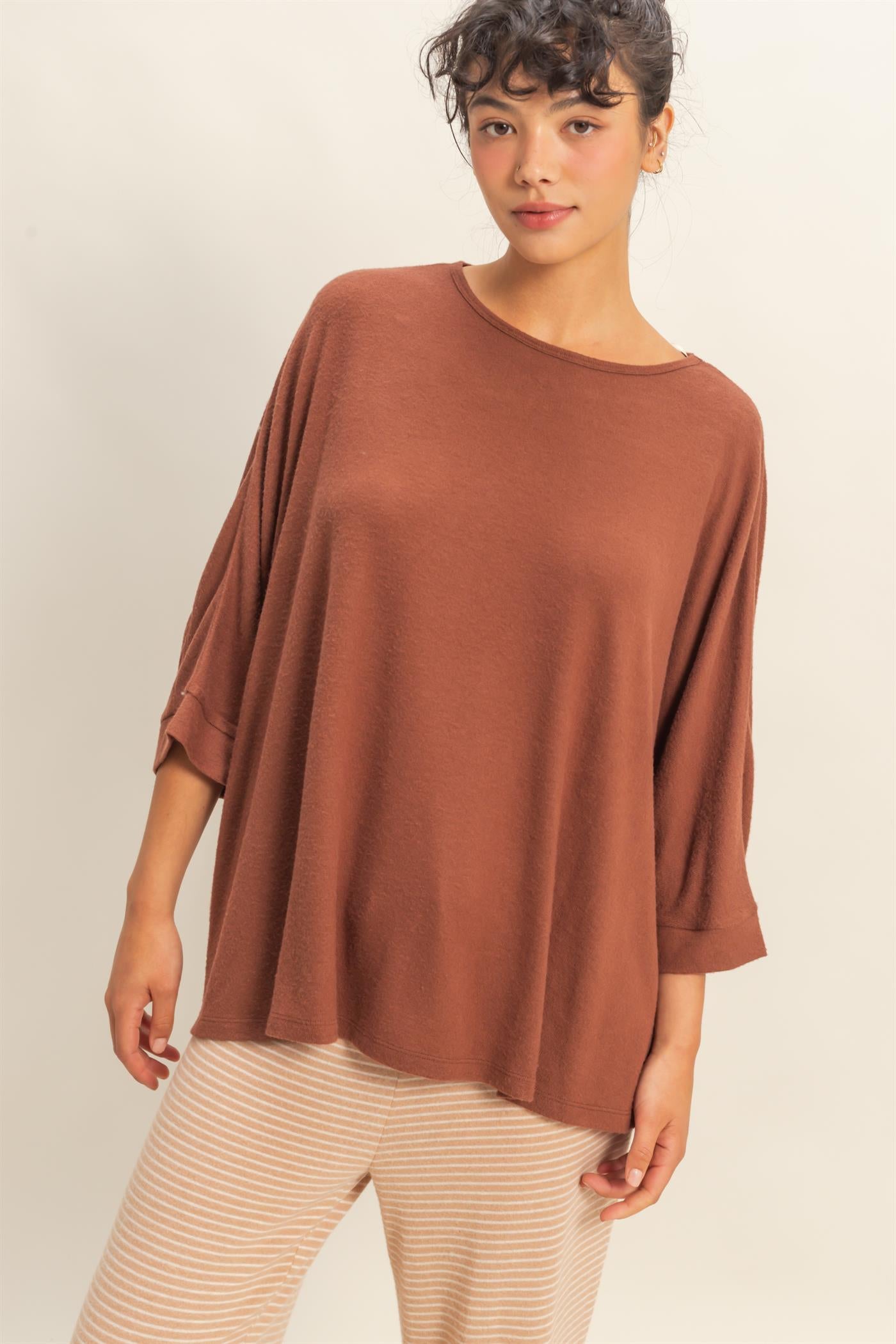 Wholesale Batwing 3/4 Sleeve Oversized Top Clothing Tops DZ25E133 CHESTNUT DOUBLE ZERO