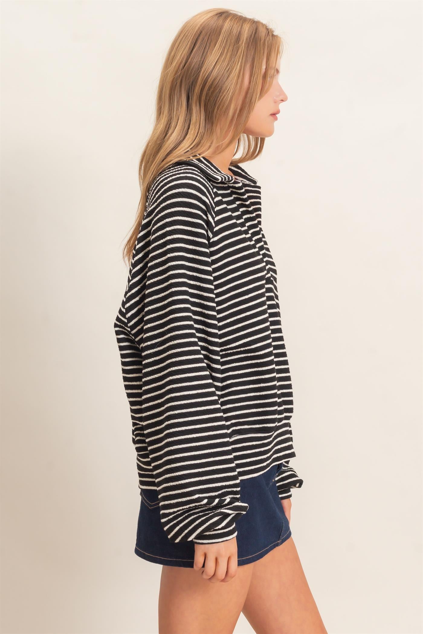 Wholesale Striped Collared Sweatshirt Sweatshirts HF26F095 BLACK HYFVE