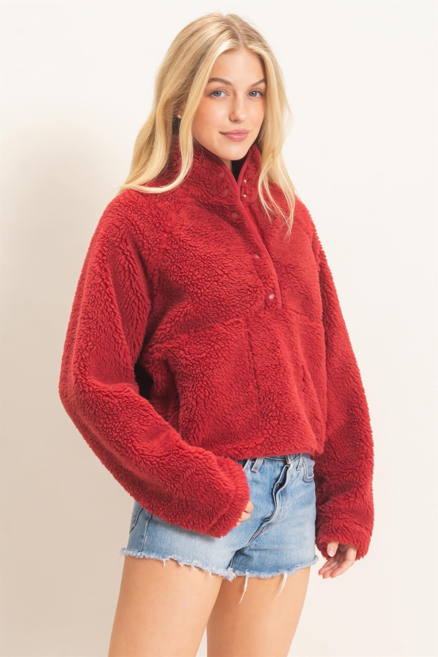 Wholesale Half-Zip Sherpa Jacket Sweatshirts HF26F130-D BURGUNDY HYFVE
