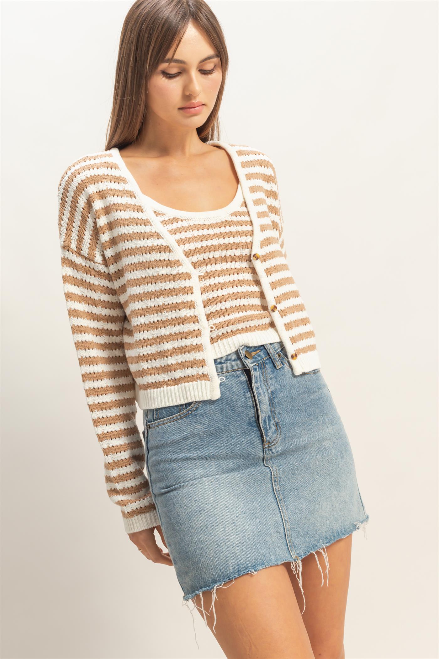 Wholesale Striped V-Neck Cardigan Cardigans HF26A174 TAUPE HYFVE