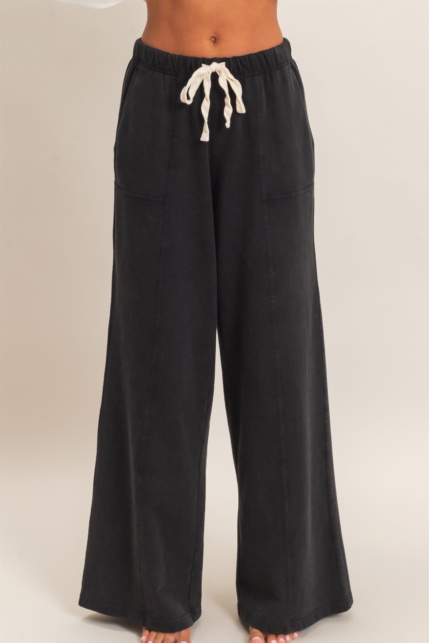 Wholesale Acid Wash Drawstring Waist Wide Leg Pants Pants DZ25A685 BLACK DOUBLE ZERO