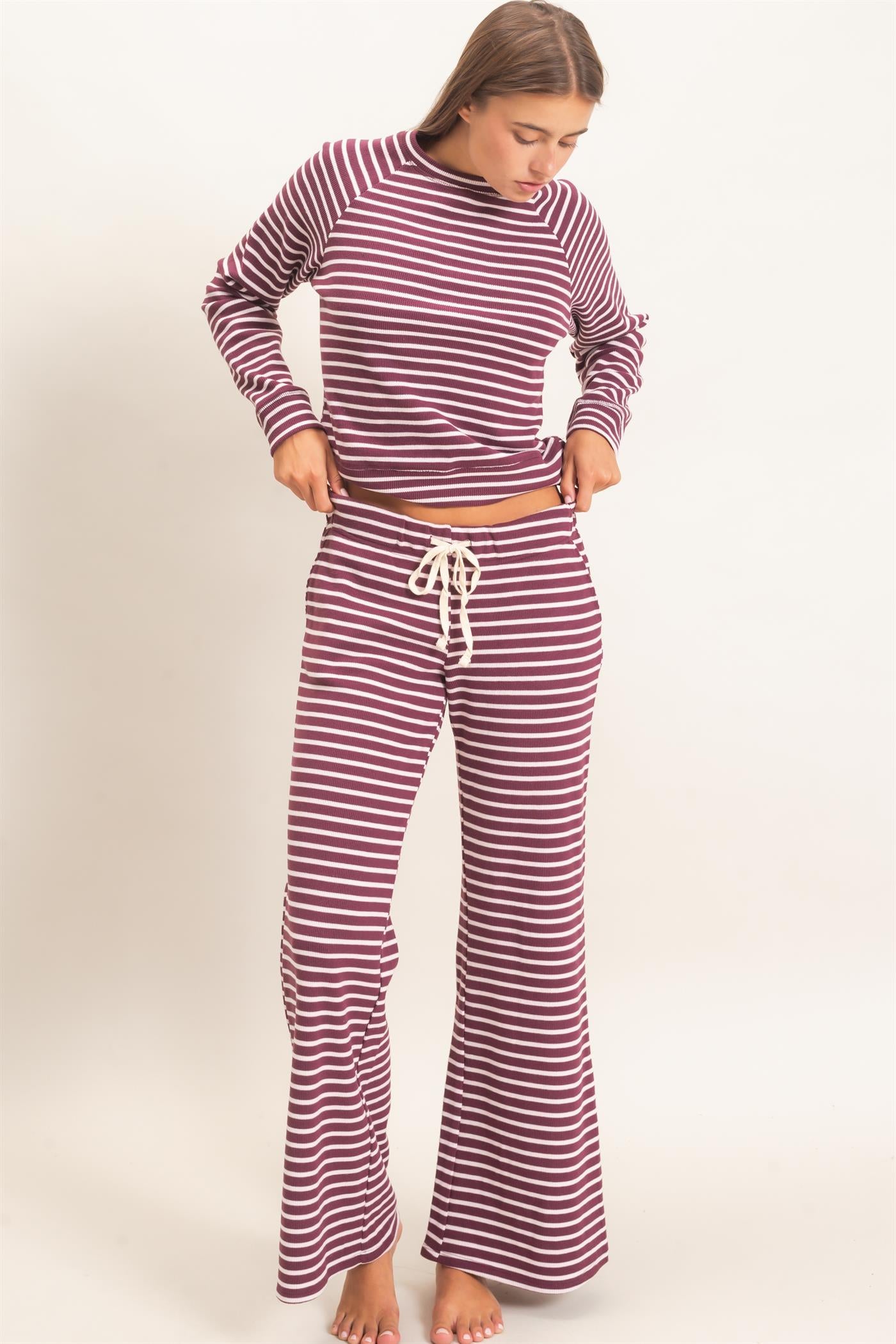 Wholesale Striped Waffle Knit Raglan Top Clothing Tops DZ26E450 DARK CHERRY DOUBLE ZERO