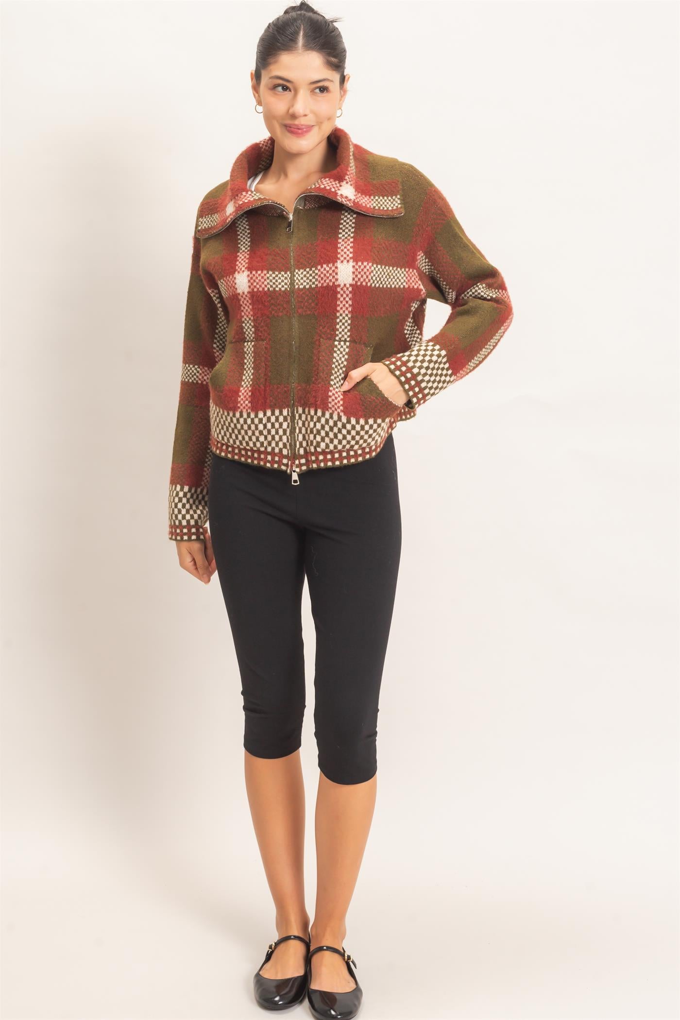 Wholesale Wide Collar Plaid Zip-Up Sweater Cardigans HF26E898 OLIVE COMBO HYFVE
