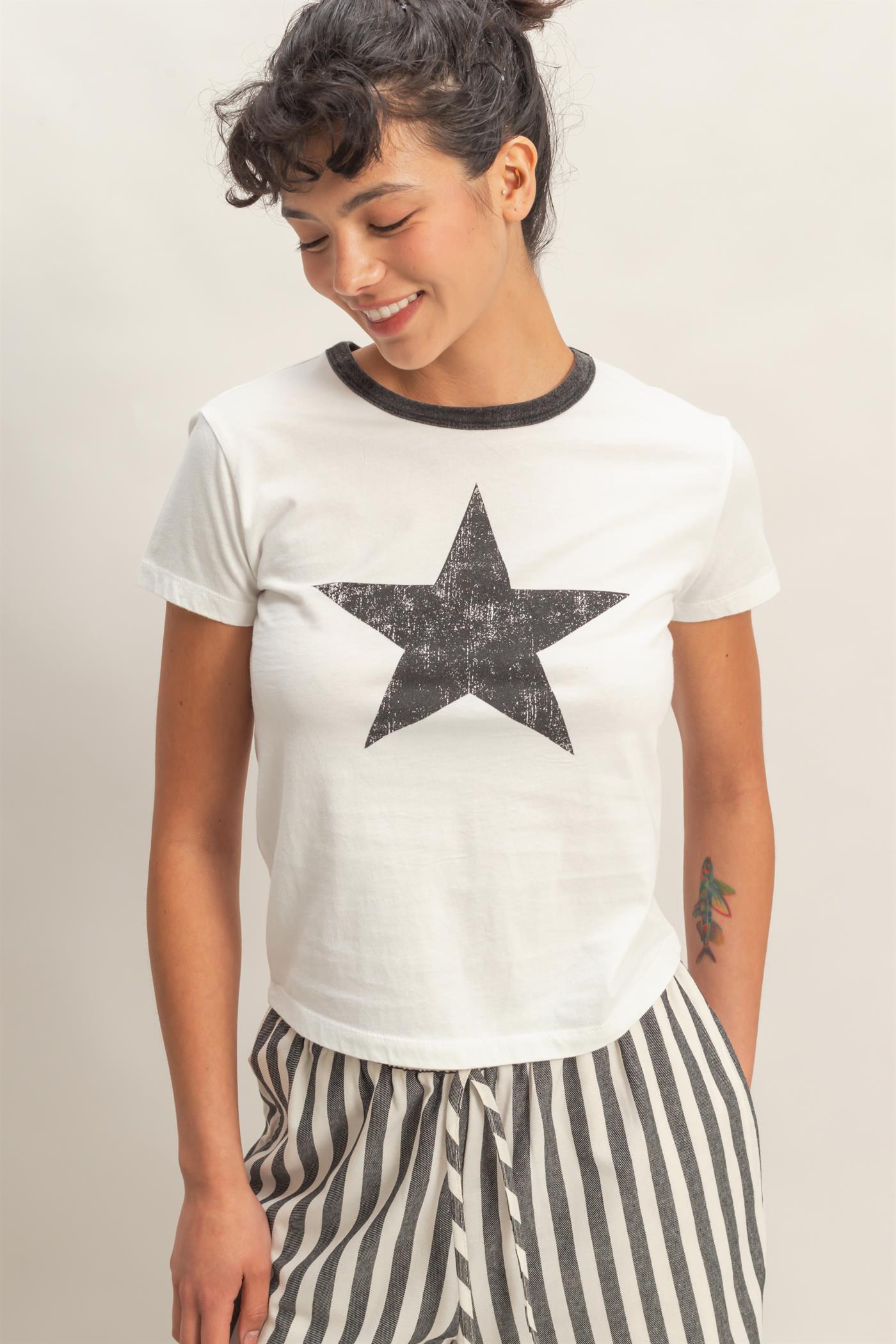 Wholesale Star Graphic Crew Neck T-Shirt T-Shirts DZ26C695 BLACK DOUBLE ZERO