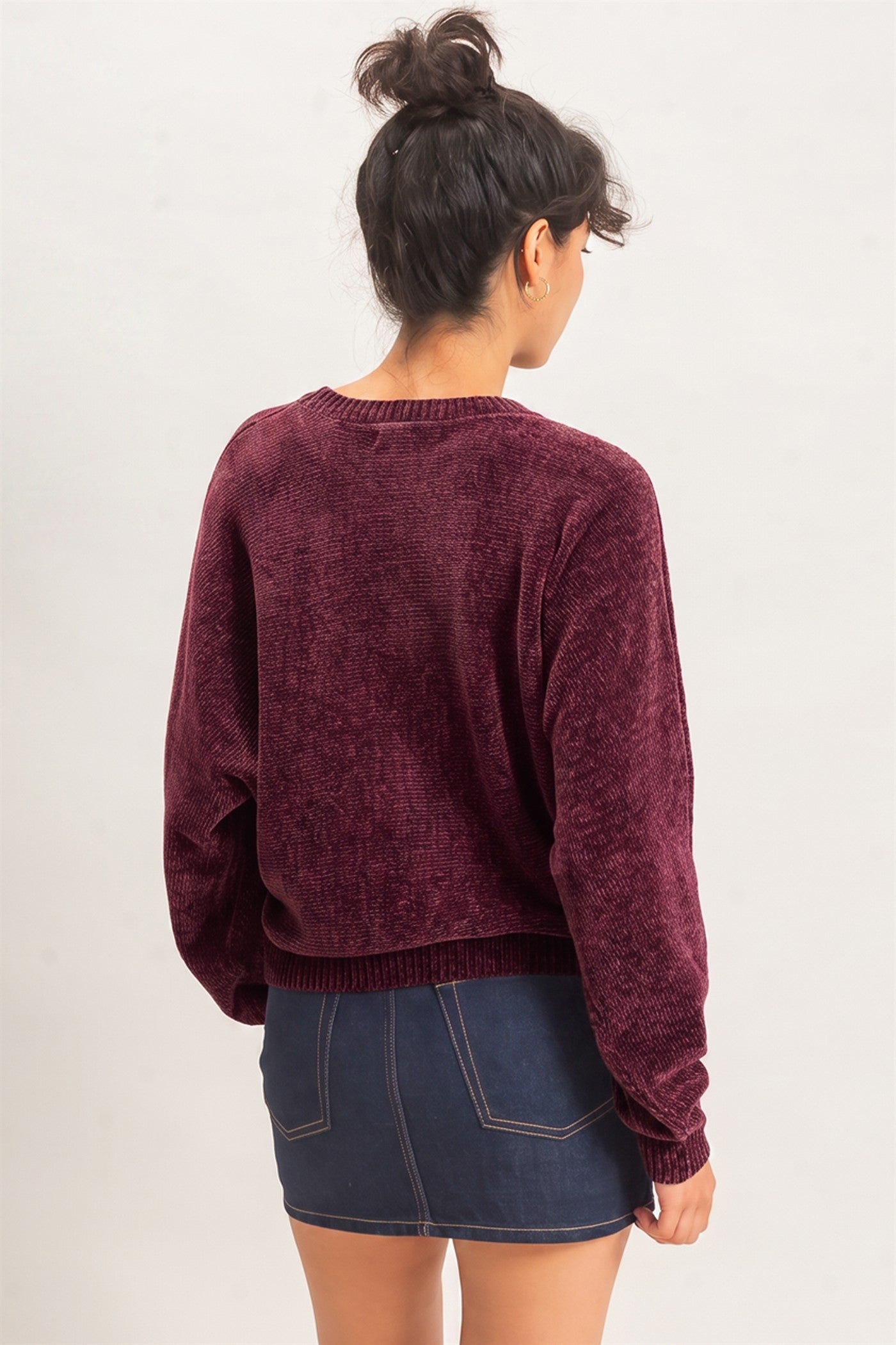 Wholesale Chenille Crew Neck Sweater Sweaters DZ26E264 DARK CHERRY DOUBLE ZERO