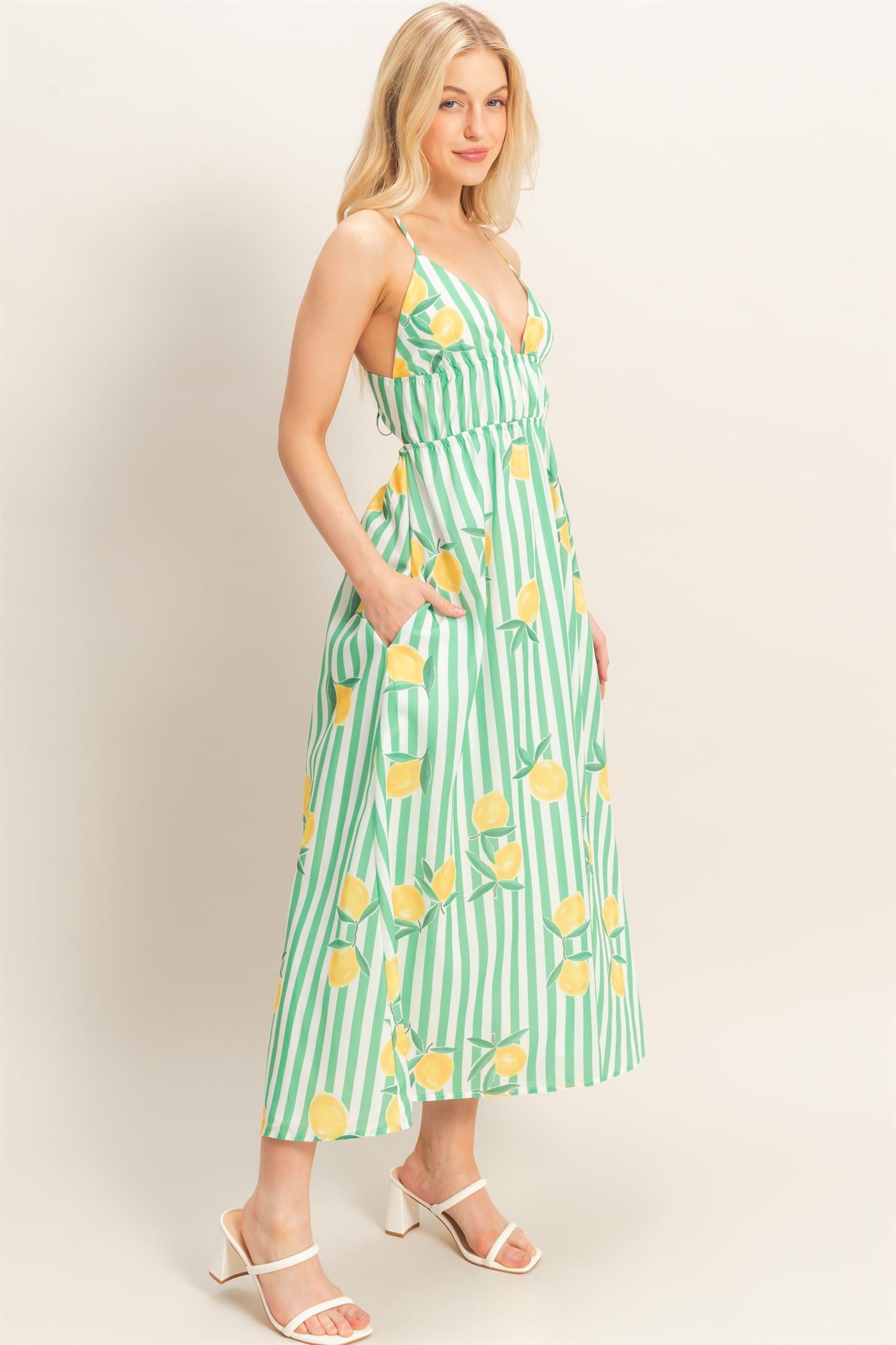 Wholesale Striped Lemon Print Midi Dress Dresses HF26C269 GREEN HYFVE
