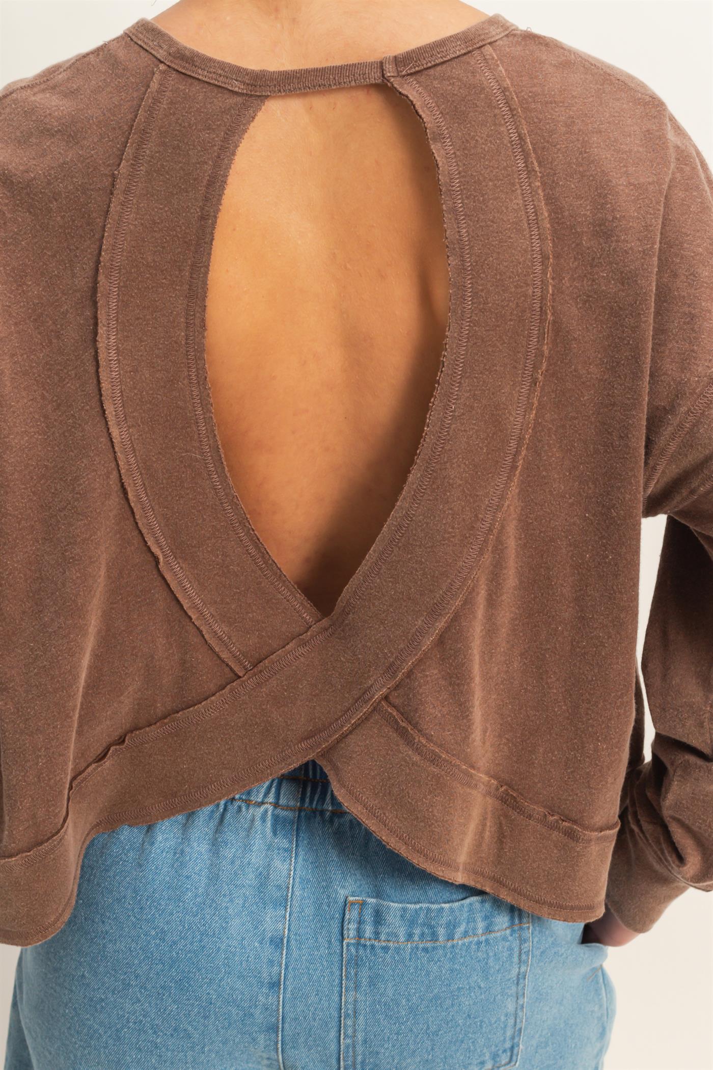Wholesale Cross Detail Open Back Long-Sleeve Top Clothing Tops DZ26C731 CHOCOLATE DOUBLE ZERO