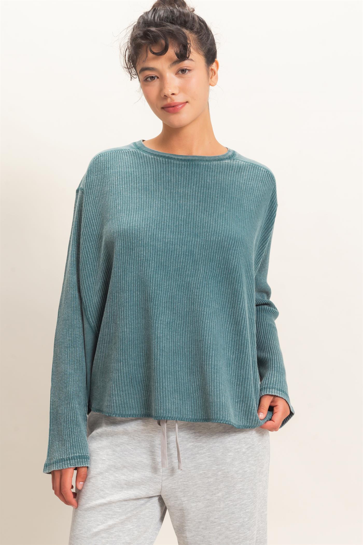 Wholesale Oversized Mineral Washed Waffle Knit Top Clothing Tops DZ26E654 DARK TEAL DOUBLE ZERO