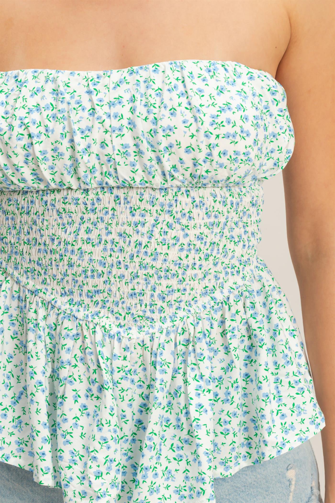 Wholesale Floral Strapless Smocked Top Shirts HF26A868 BLUE HYFVE