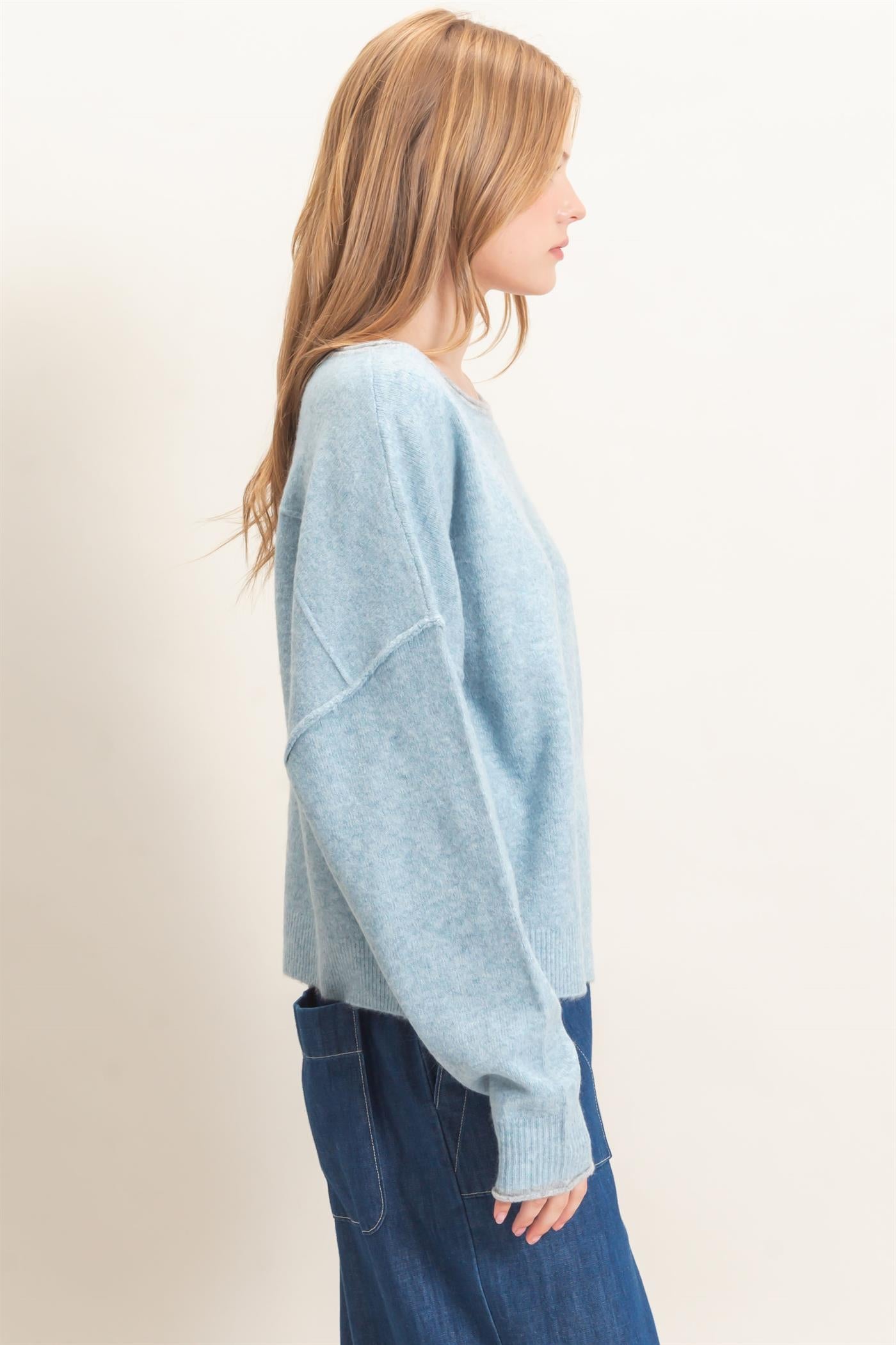 Wholesale Relaxed Wide Neck Knit Sweater Sweaters HF26E066-D LIGHT BLUE HYFVE