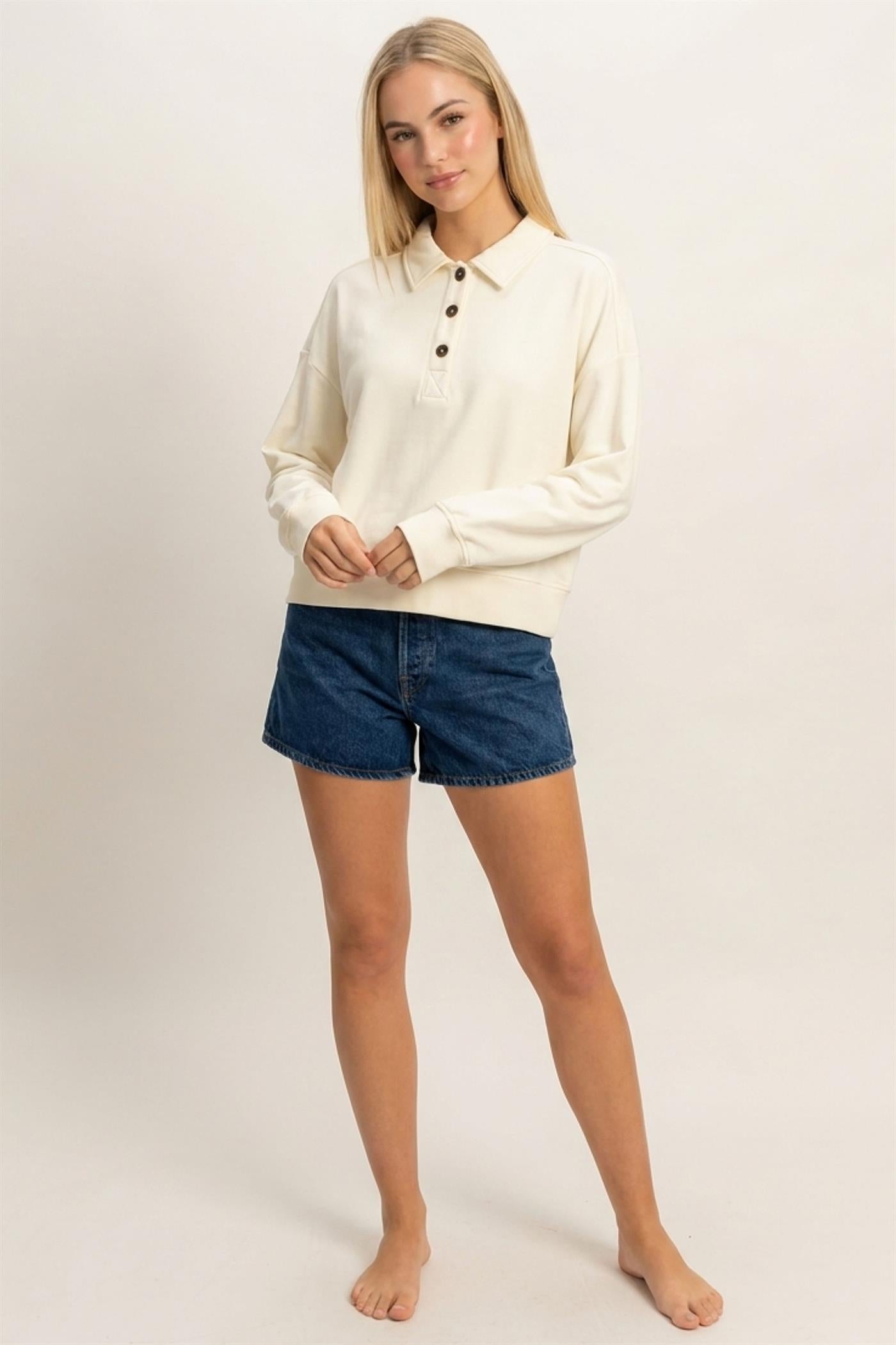 Wholesale Washed Button-Front Collared Sweatshirt Sweatshirts DZ26E390 CREAM DOUBLE ZERO