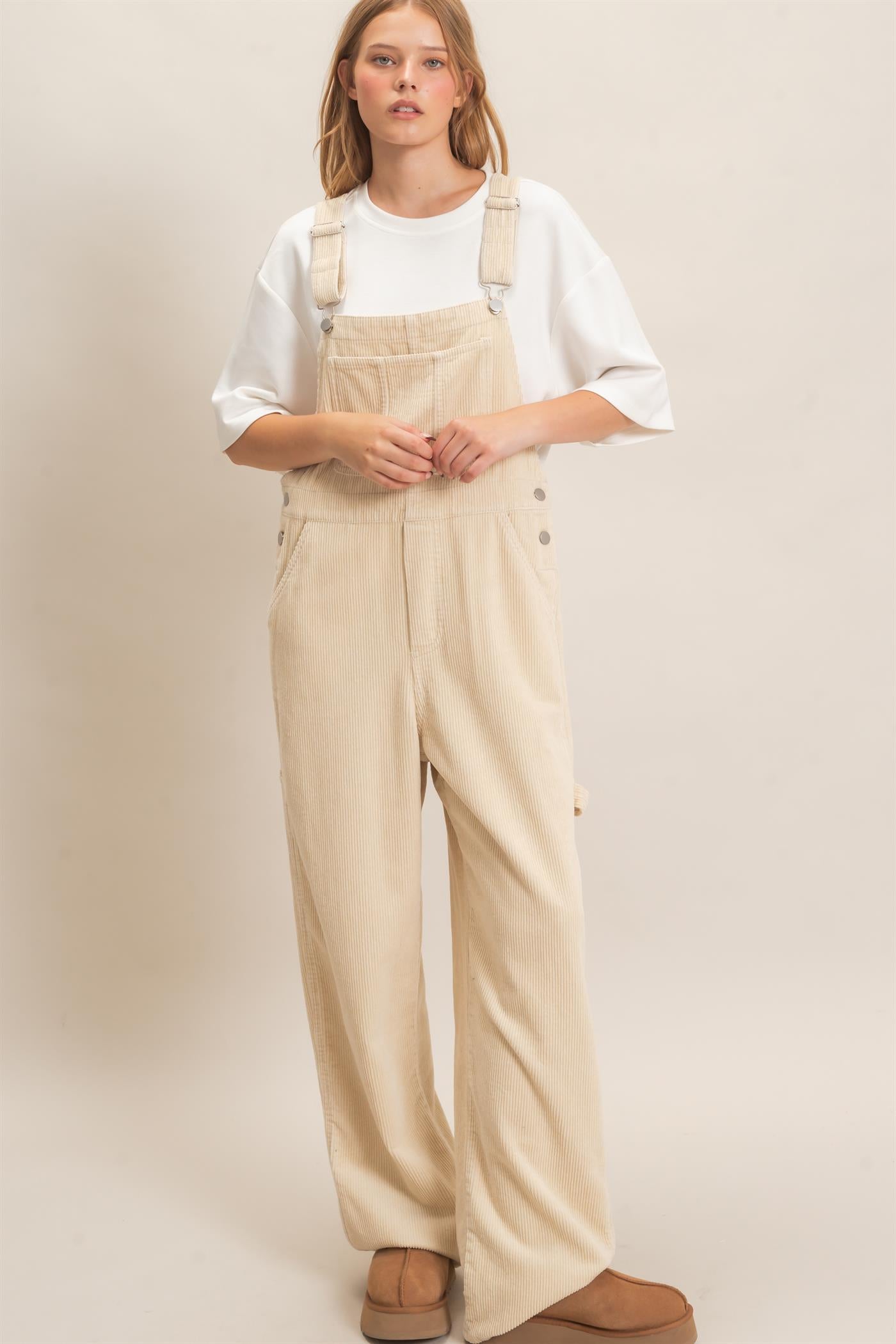 Wholesale Mineral Wash Corduroy Overalls Clothing HF26F210-D BEIGE HYFVE