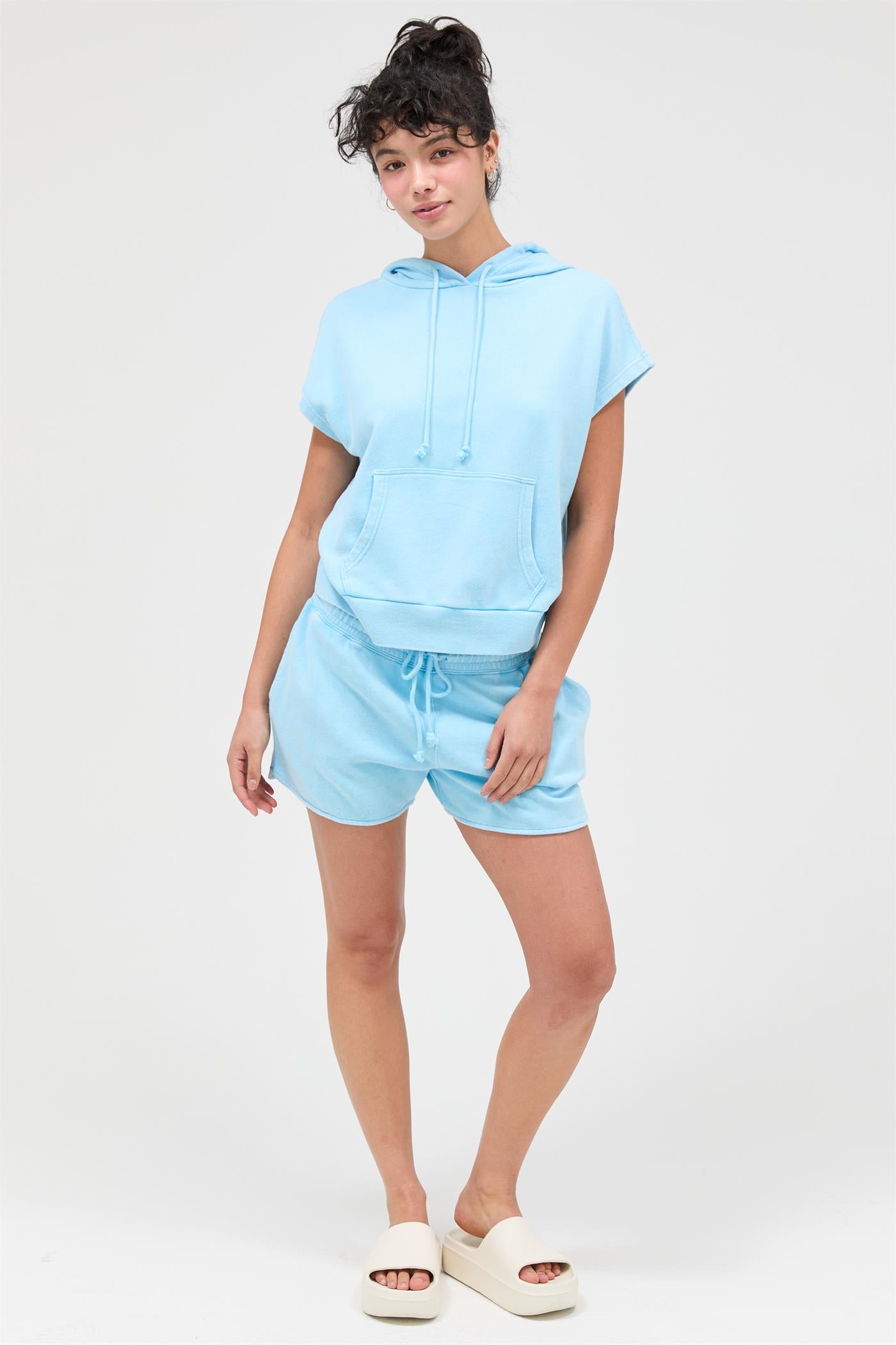 Wholesale Acid Washed Sleeveless Hooded Kangaroo Pocket Top Hoodies DZ26A411 BLUE DOUBLE ZERO