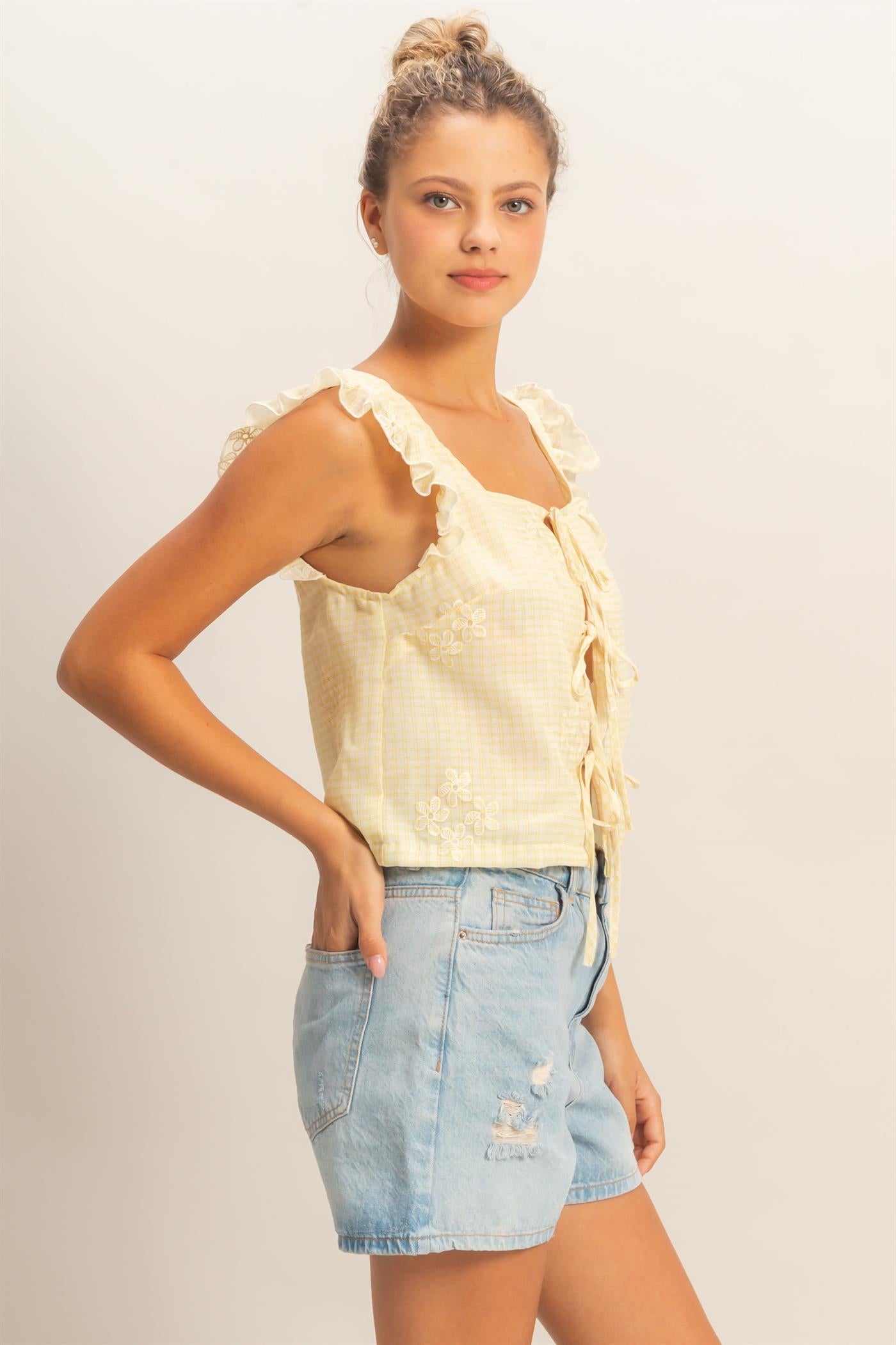 Wholesale Embroidered Gingham Tie Front Top Clothing HF26A501 YELLOW HYFVE