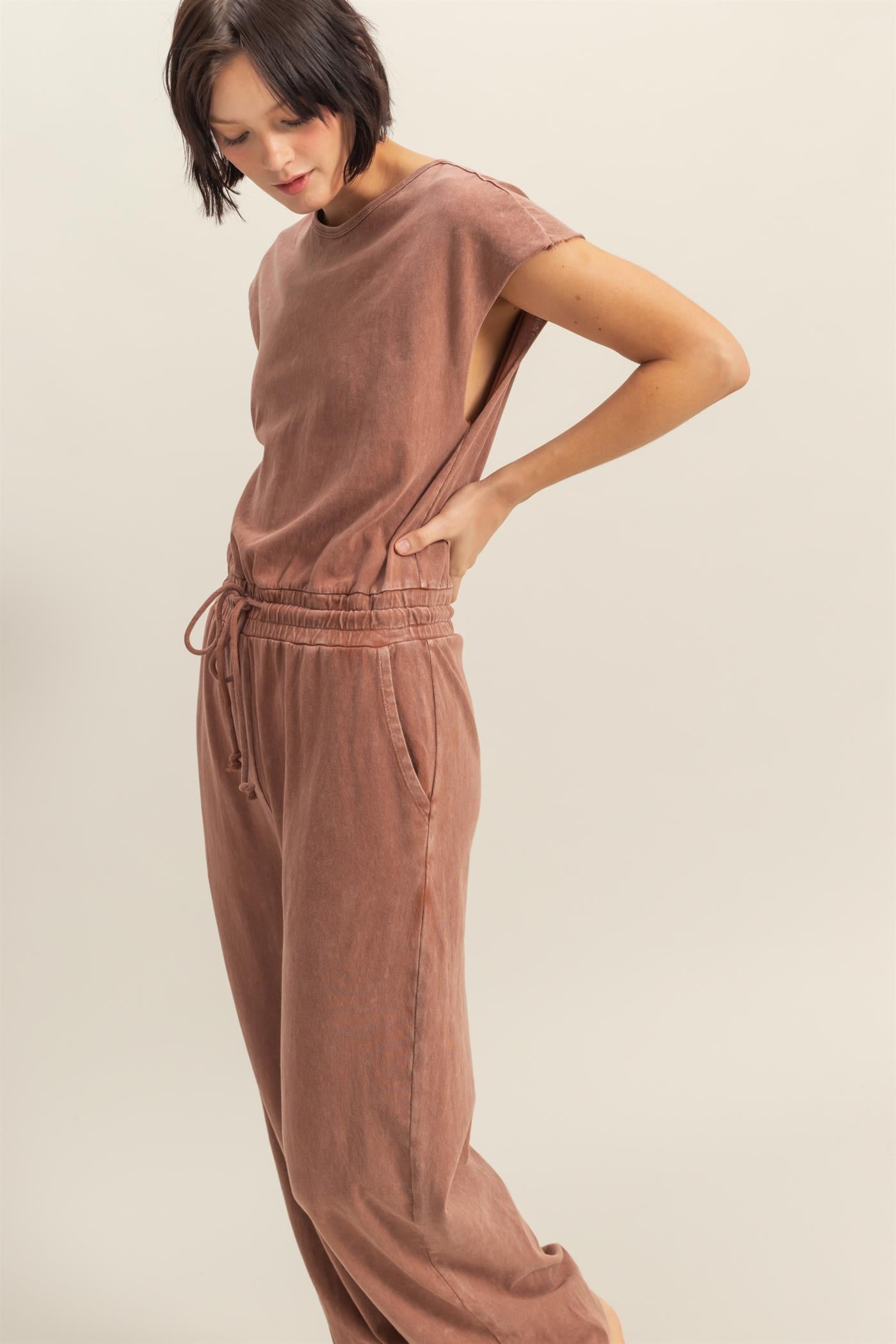 Wholesale Short Sleeve Casual Jumpsuit Clothing DZ24C619 CHESTNUT DOUBLE ZERO