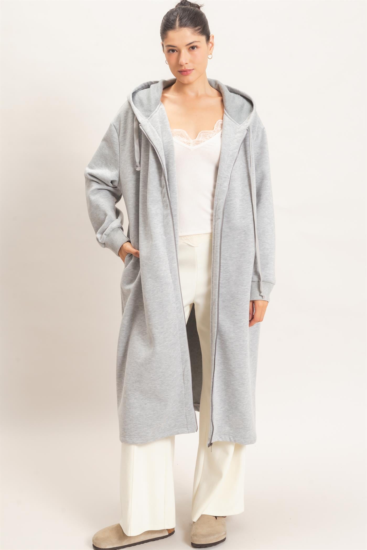 Wholesale Oversized Longline Zip-Up Hoodie Jacket Outerwear HF26E650 HEATHER GRAY HYFVE
