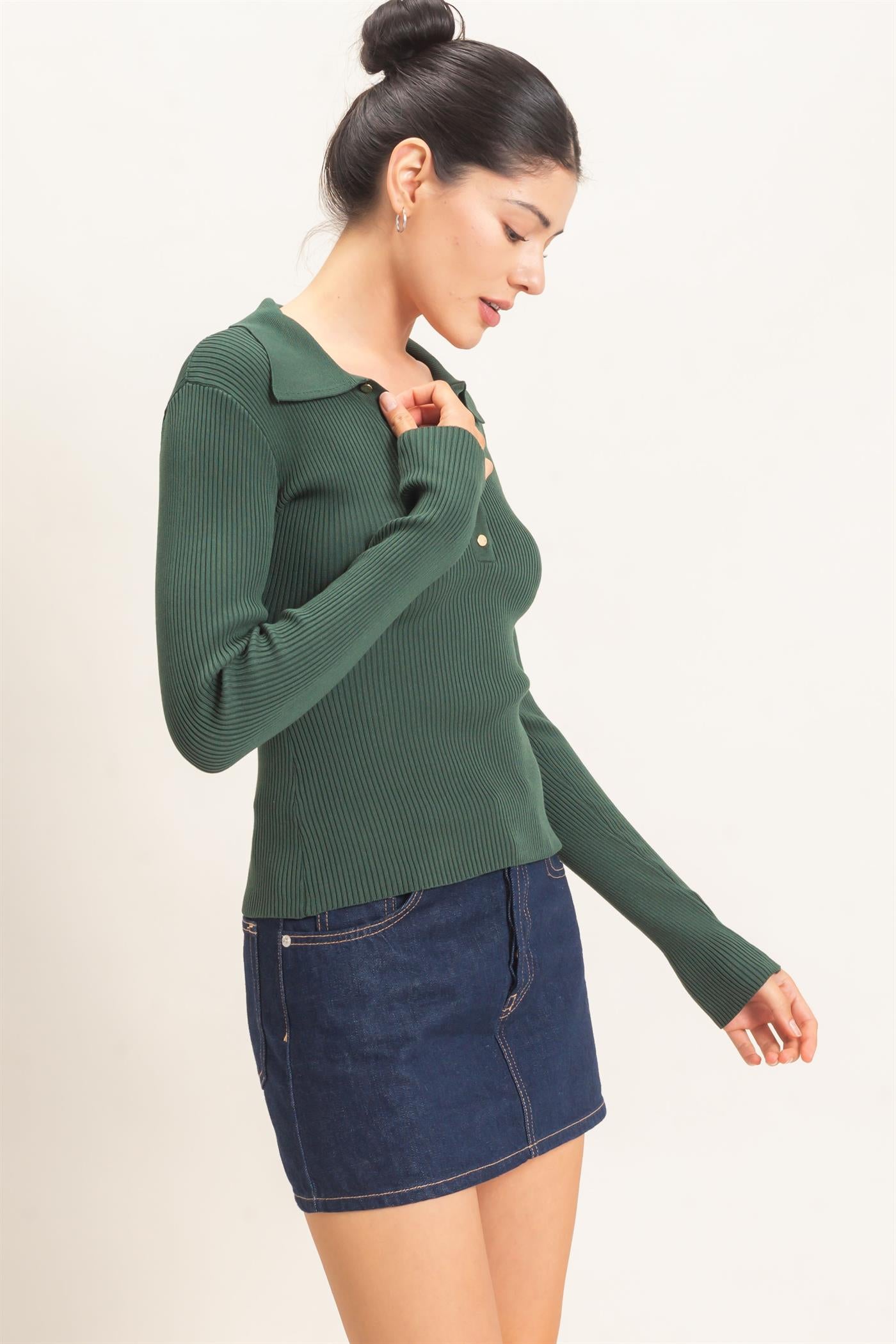 Wholesale Ribbed V-Neck Sweater With Collar Clothing Tops HF26E684 DARK GREEN HYFVE