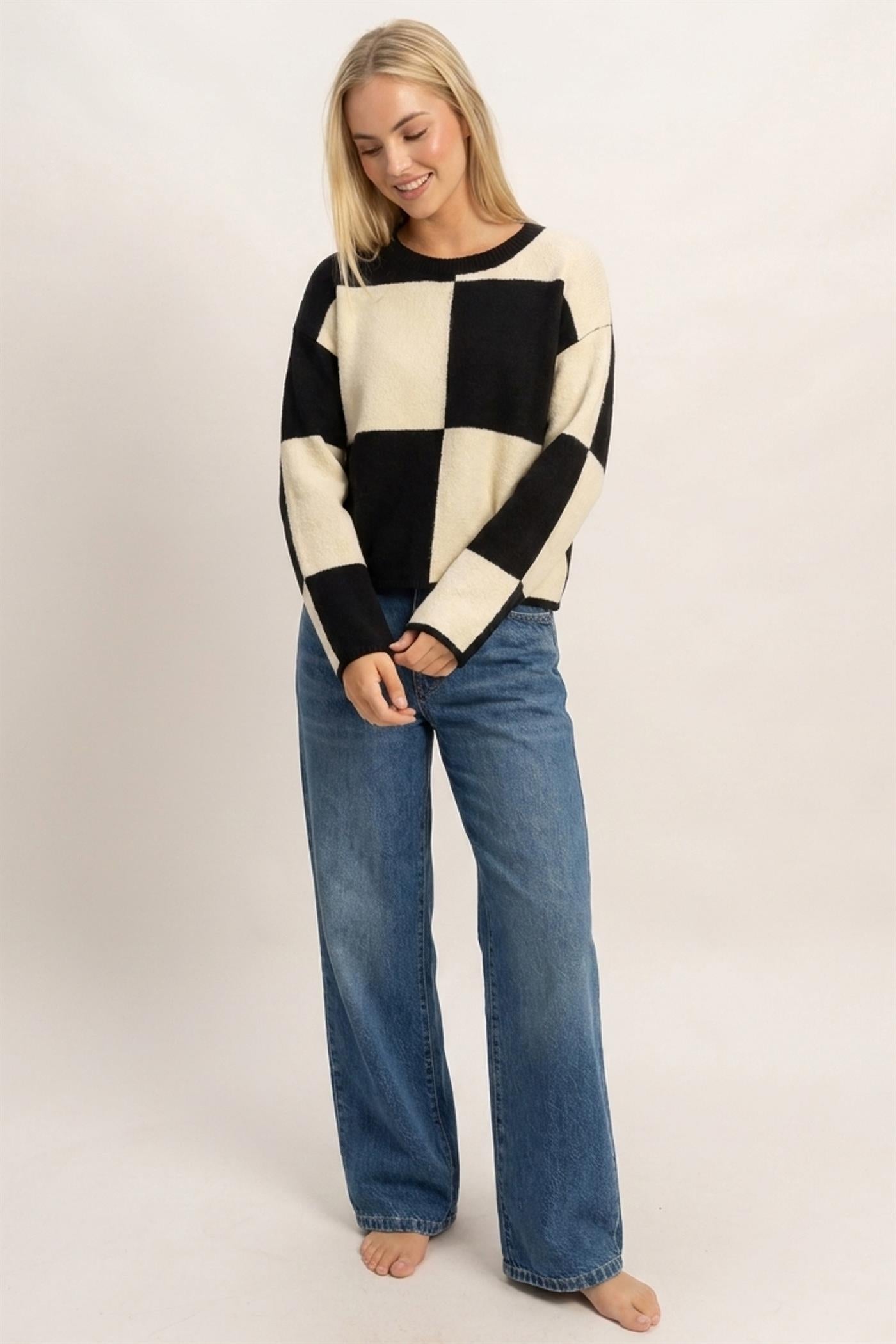 Wholesale Crew Neck Checkered Sweater Sweaters DZ26C980 BLACK DOUBLE ZERO
