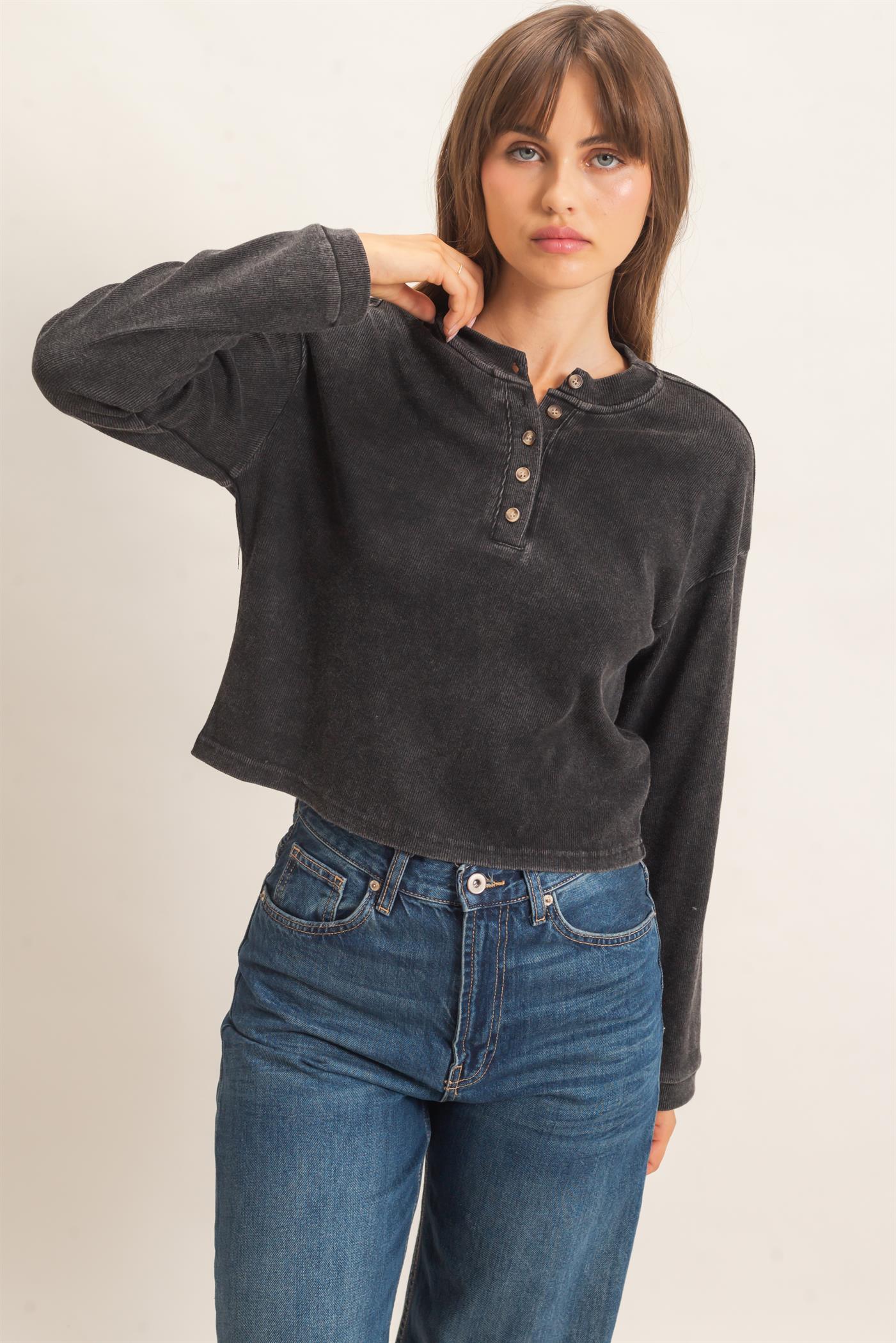 Wholesale Buttoned Henley Top Clothing Tops HF26F081 BLACK HYFVE