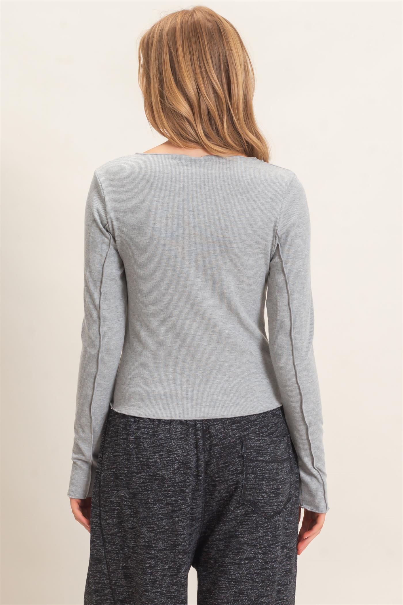 Wholesale Ruffled Ribbed Long Sleeve Top Clothing Tops HF26F085 HEATHER GRAY HYFVE