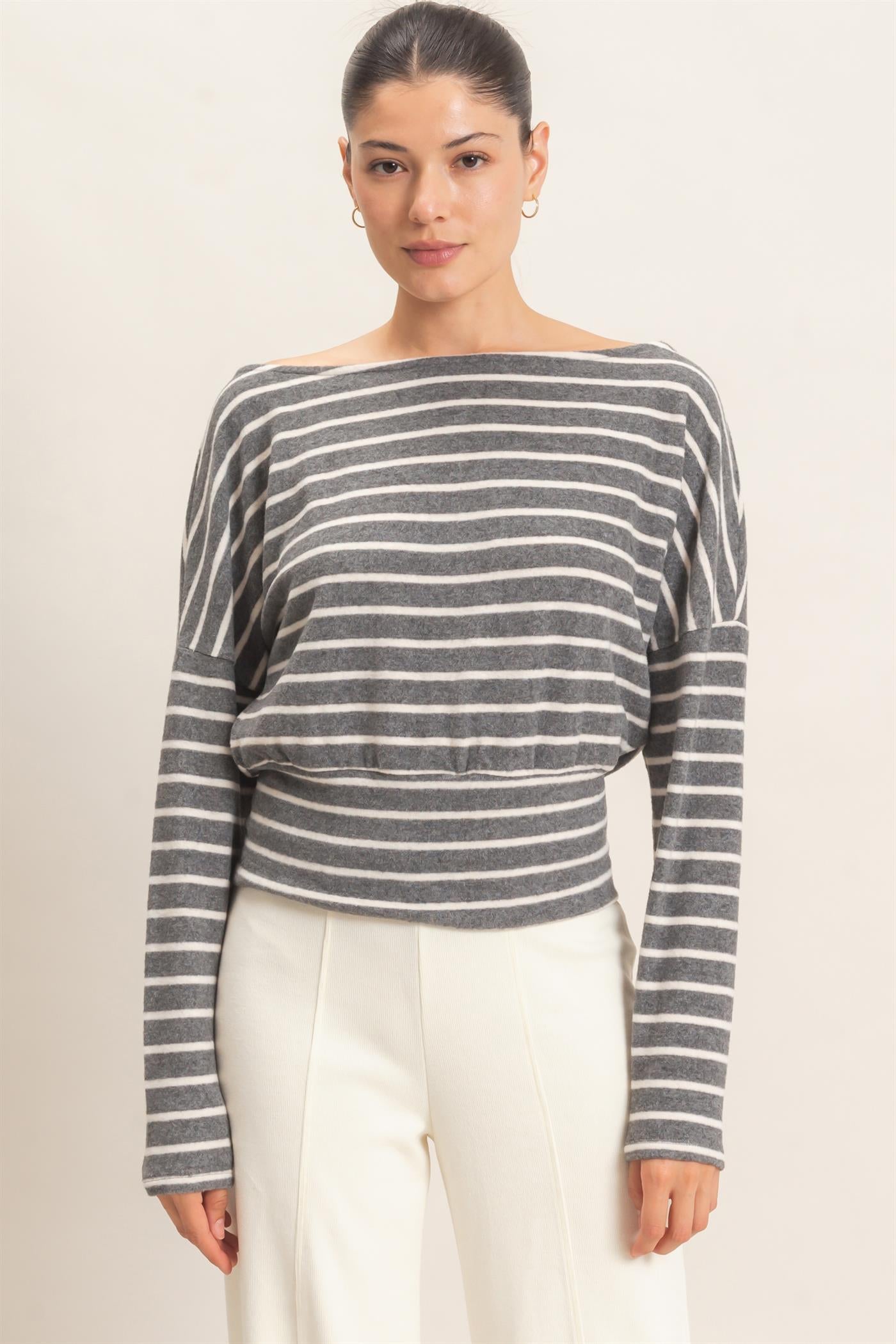 Wholesale Striped Off Shoulder Top T-Shirts HF26E953 GRAY HYFVE