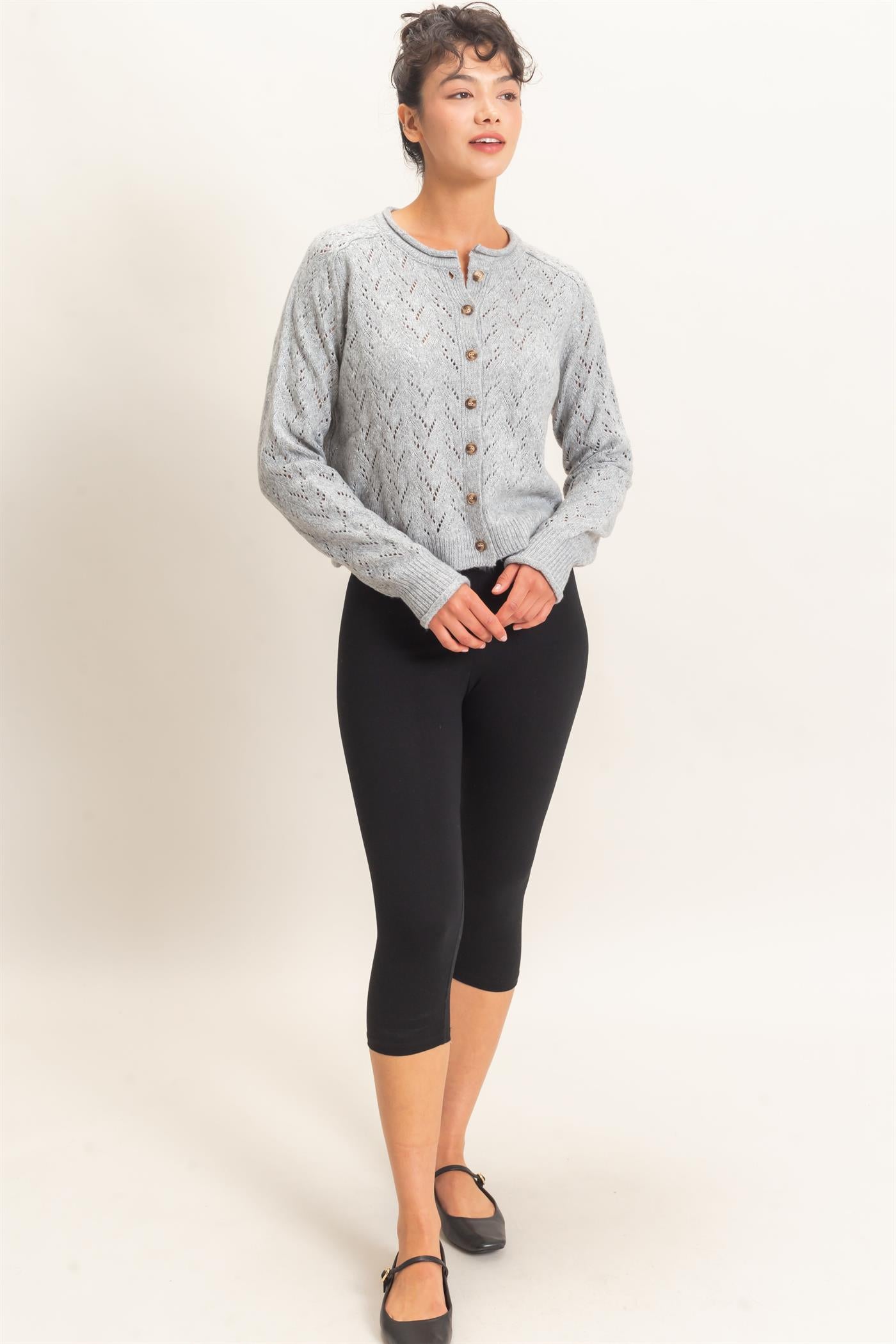 Wholesale Pointelle Knit Button Front Cardigan Cardigans DZ26C978 HEATHER GRAY DOUBLE ZERO