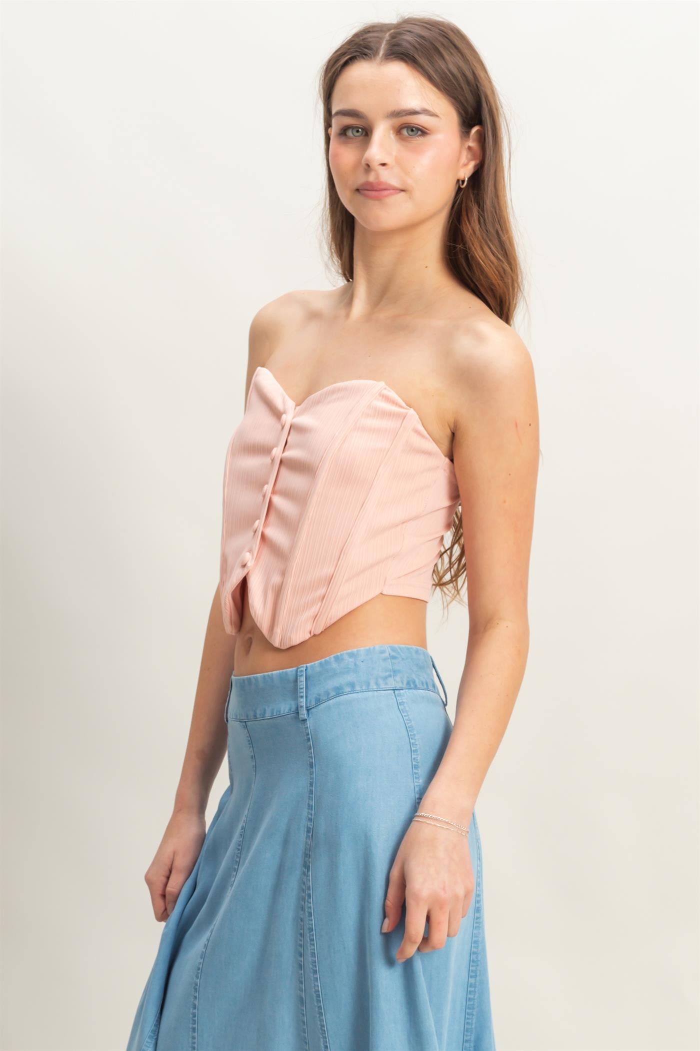 Wholesale Buttoned Front Strapless Knit Bustier Top Clothing Tops HF25A209 PEACH HYFVE