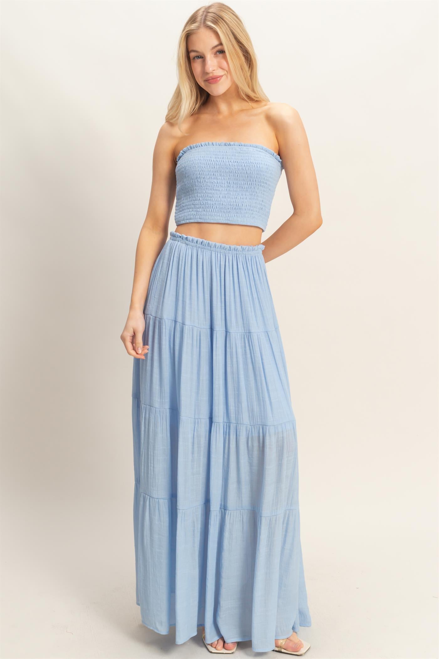 Wholesale Smocked Tube Top & Tiered Skirt Set Clothing HF26C289-SET-D POWDER BLUE HYFVE