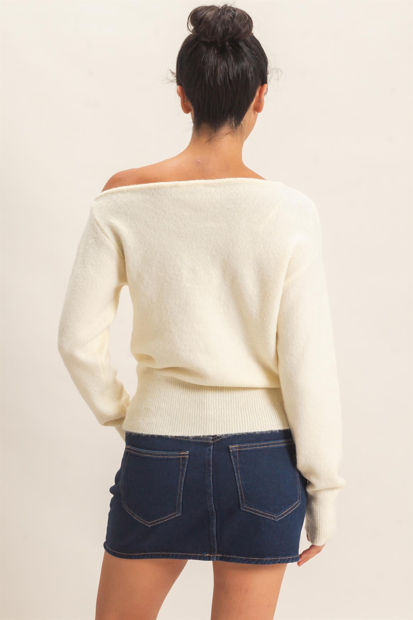 Wholesale Off The Shoulder Sweater Top Sweaters DZ26F290 CREAM DOUBLE ZERO