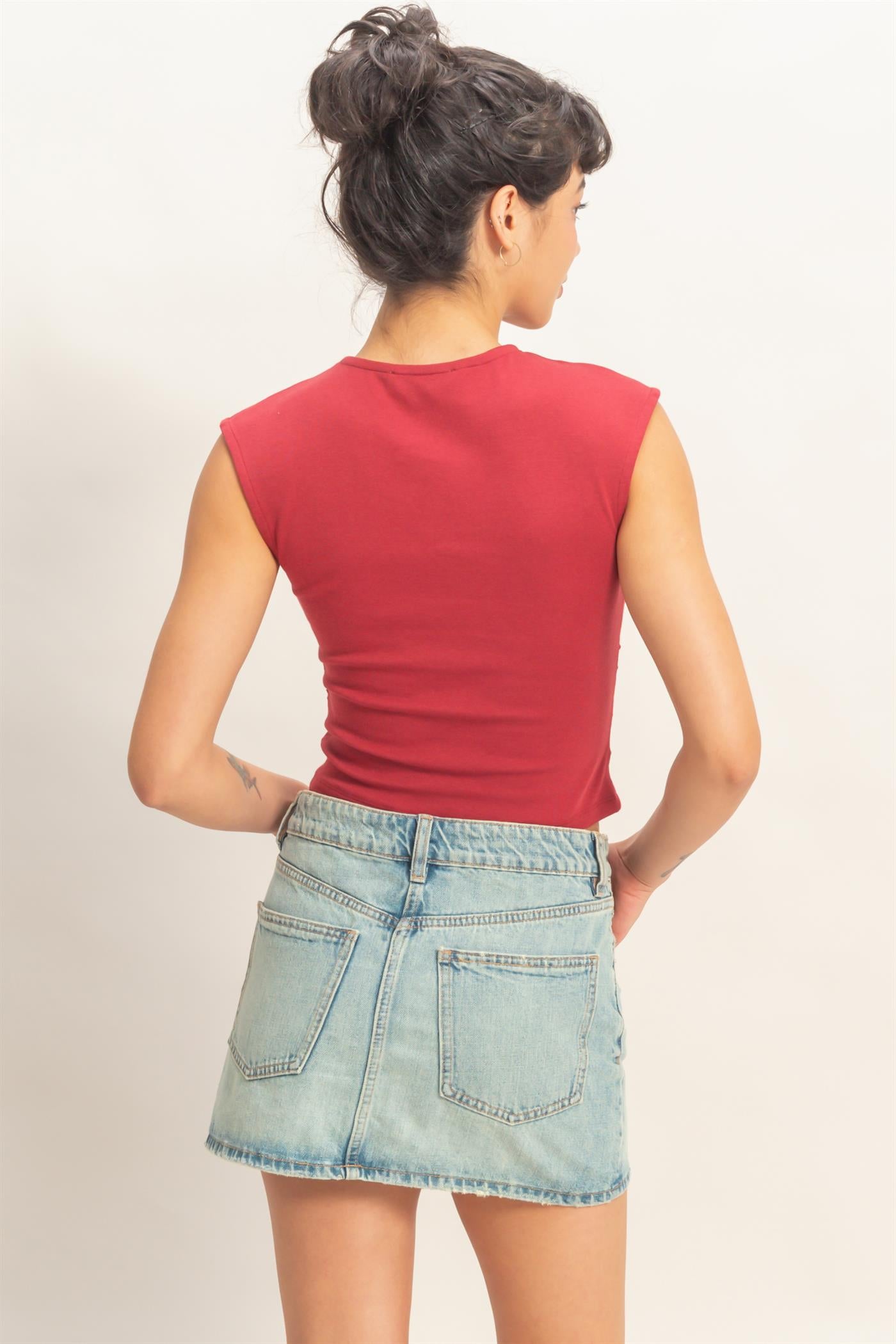 Wholesale Ruched Waist Cap Sleeve Top Clothing Tops DZ26A889 DARK RED DOUBLE ZERO