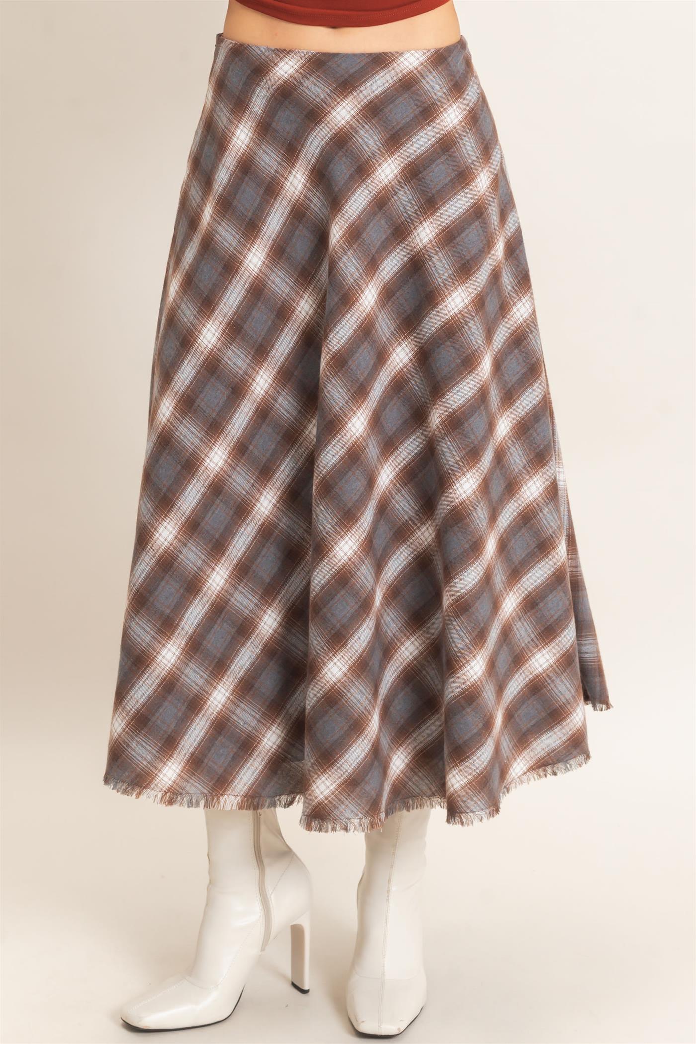 Wholesale A-Line Plaid Frayed Hem Skirt Skirts HF26E972 BROWN HYFVE