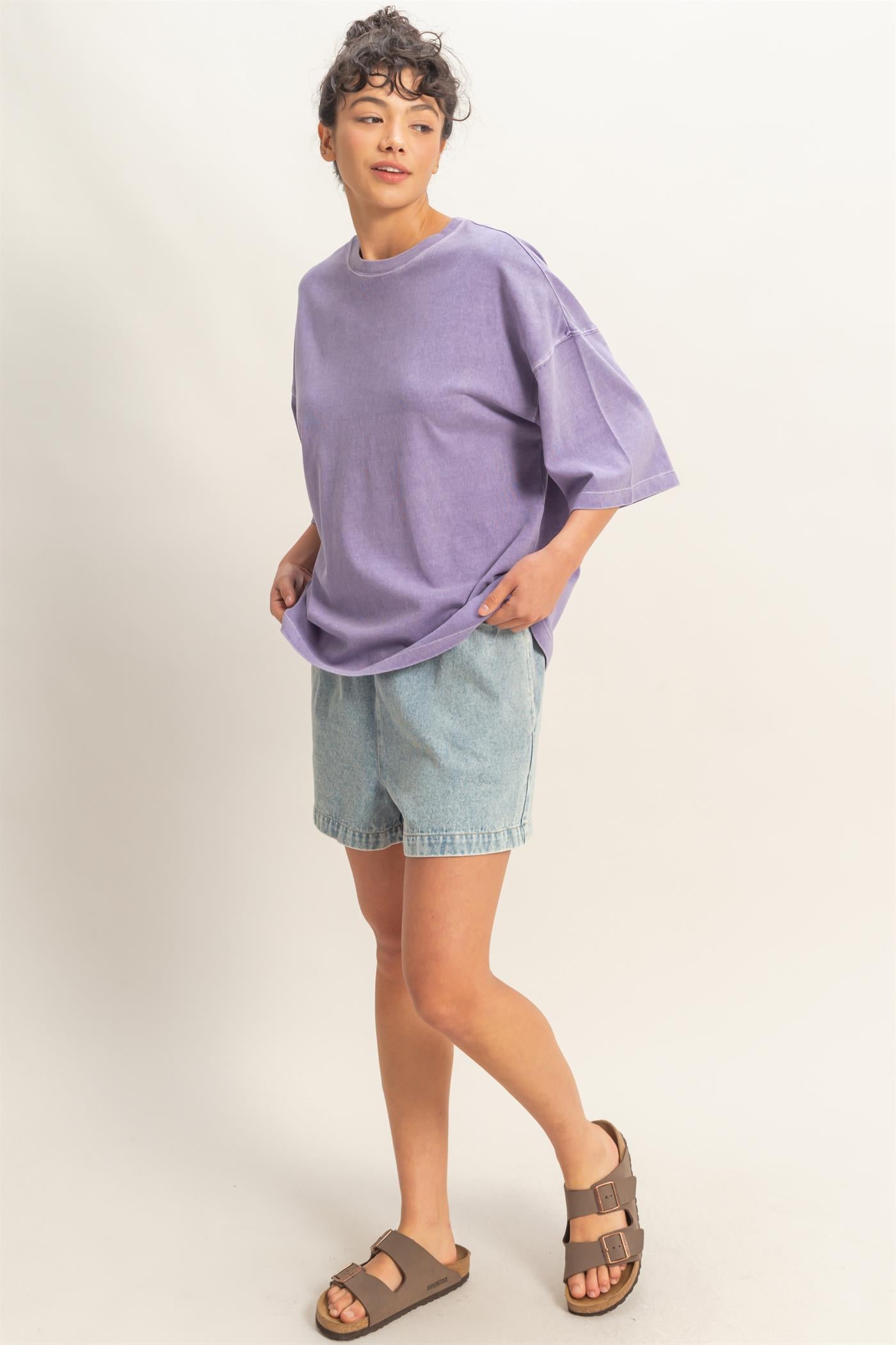 Wholesale Pigment Dye Oversized Half-Sleeve T-Shirt Clothing Tops DZ26A459 DUSTY PURPLE DOUBLE ZERO