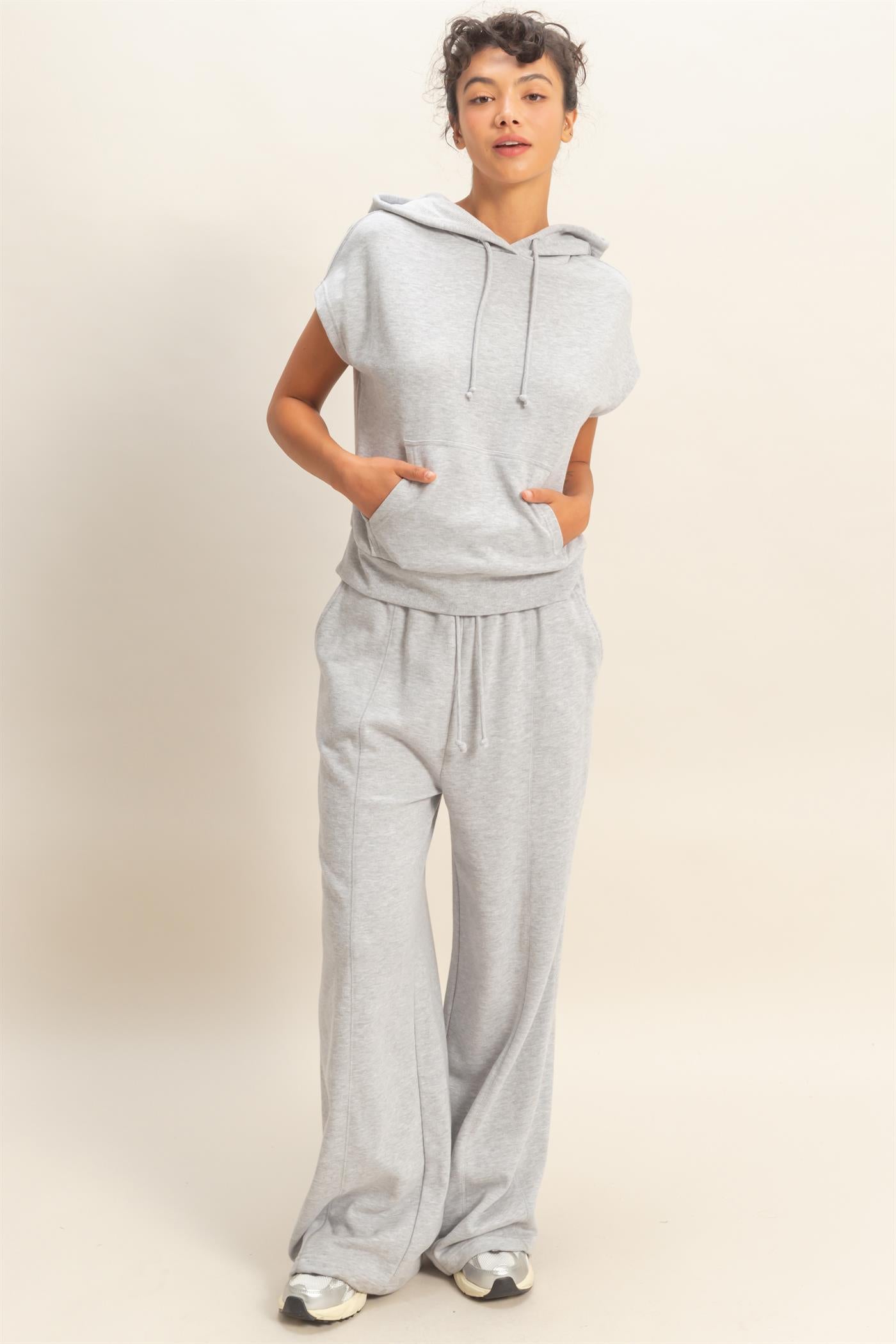 Wholesale Acid Washed Sleeveless Hooded Kangaroo Pocket Top Hoodies DZ26A411 HEATHER GRAY DOUBLE ZERO